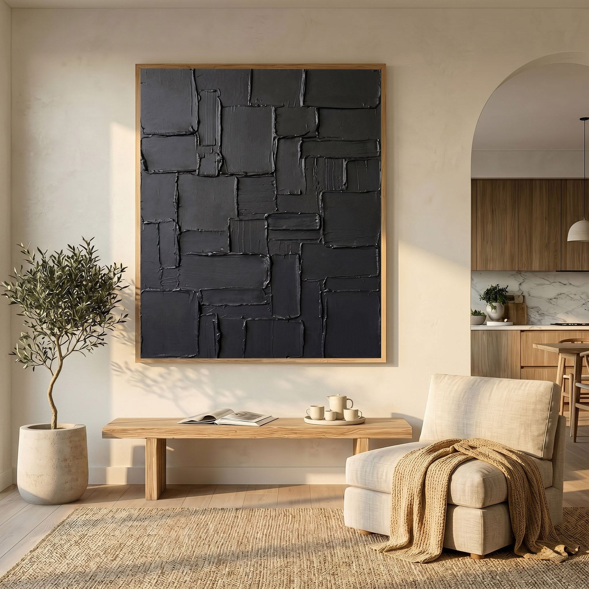 Large Black Abstract Wall Art Geometric Textured Oil Painting Modern Impasto Contemporary Interior Decor