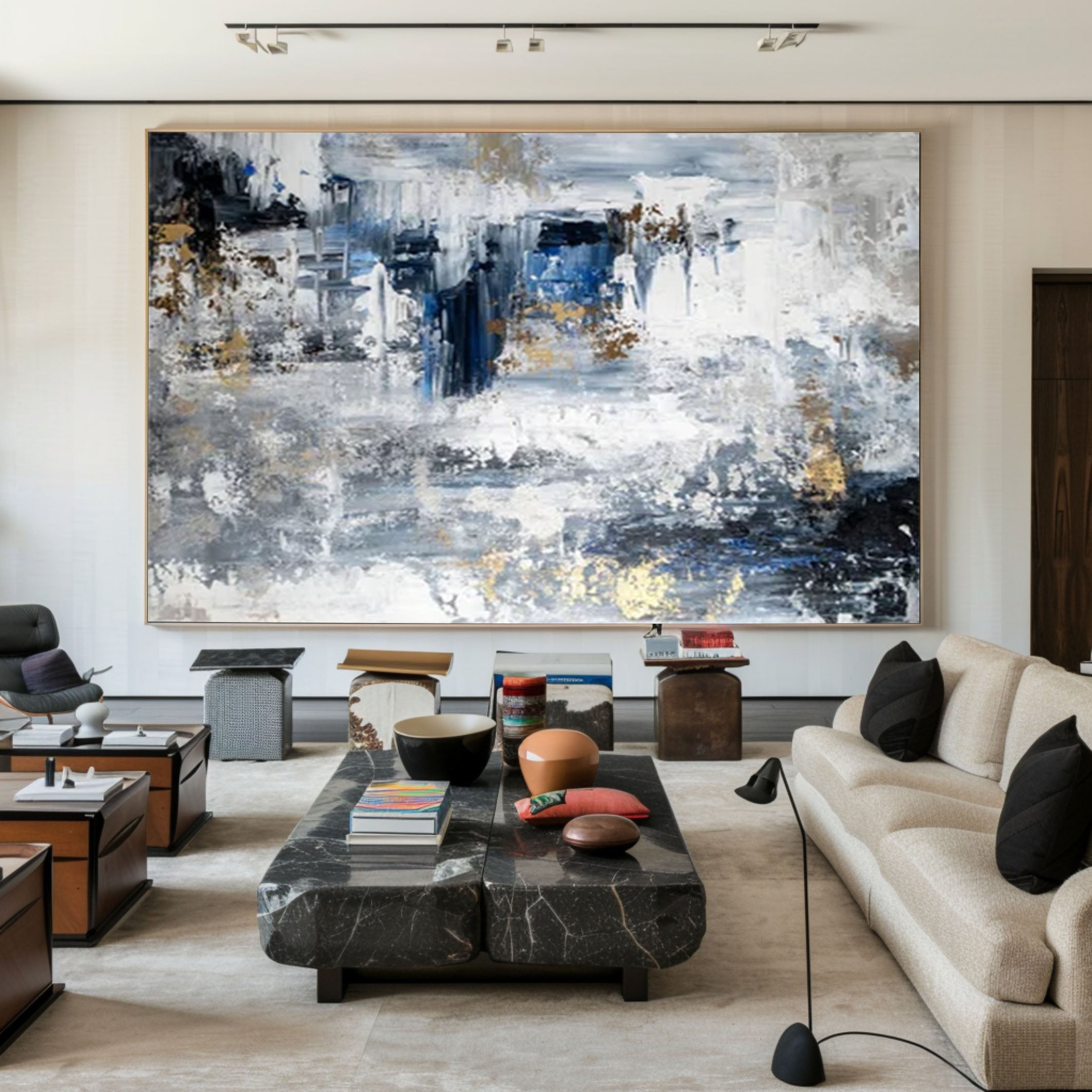 Large Modern Abstract Wall Art Blue and Metallic Painting #AP 063