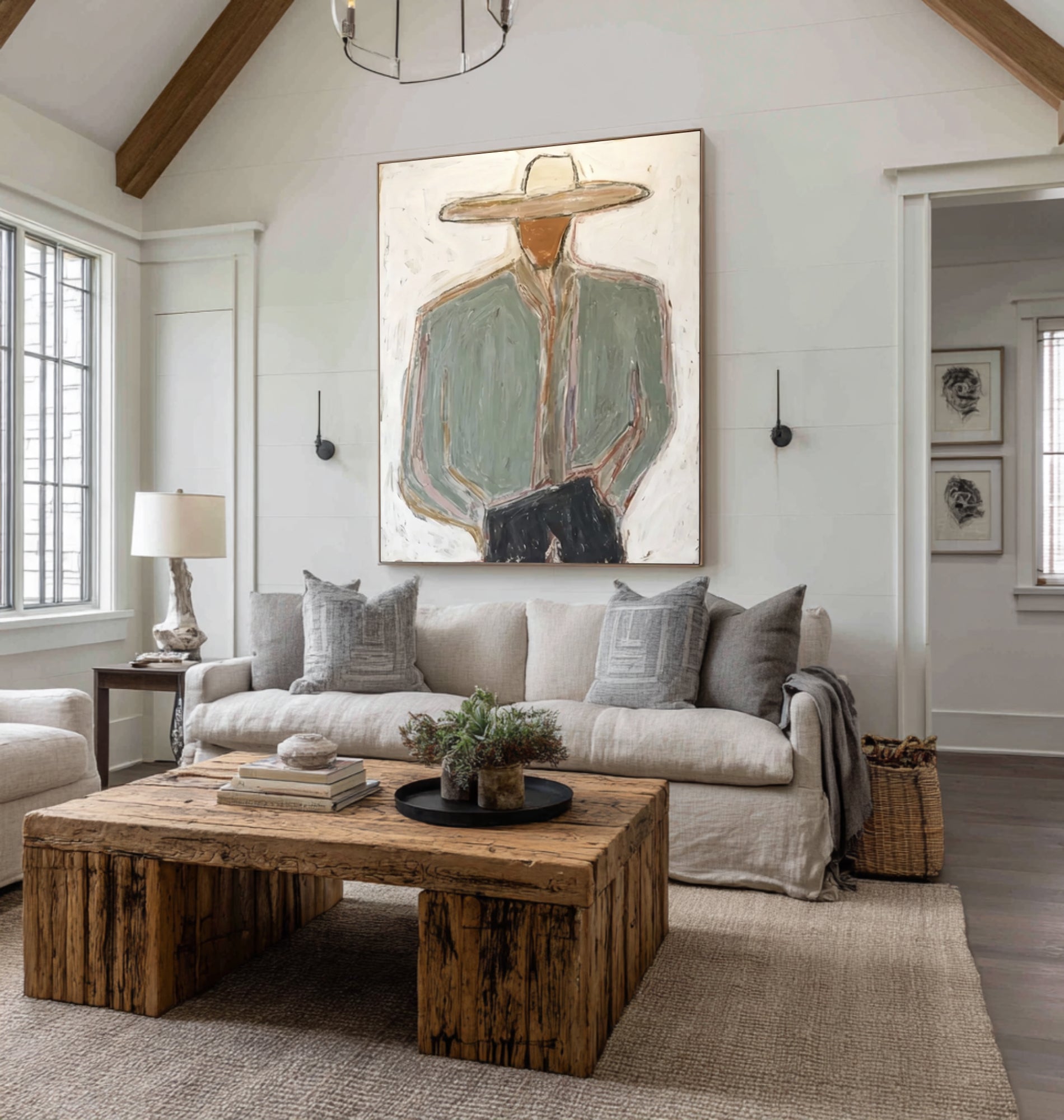 Contemporary Western Portrait Painting Large Neutral Wall Decor