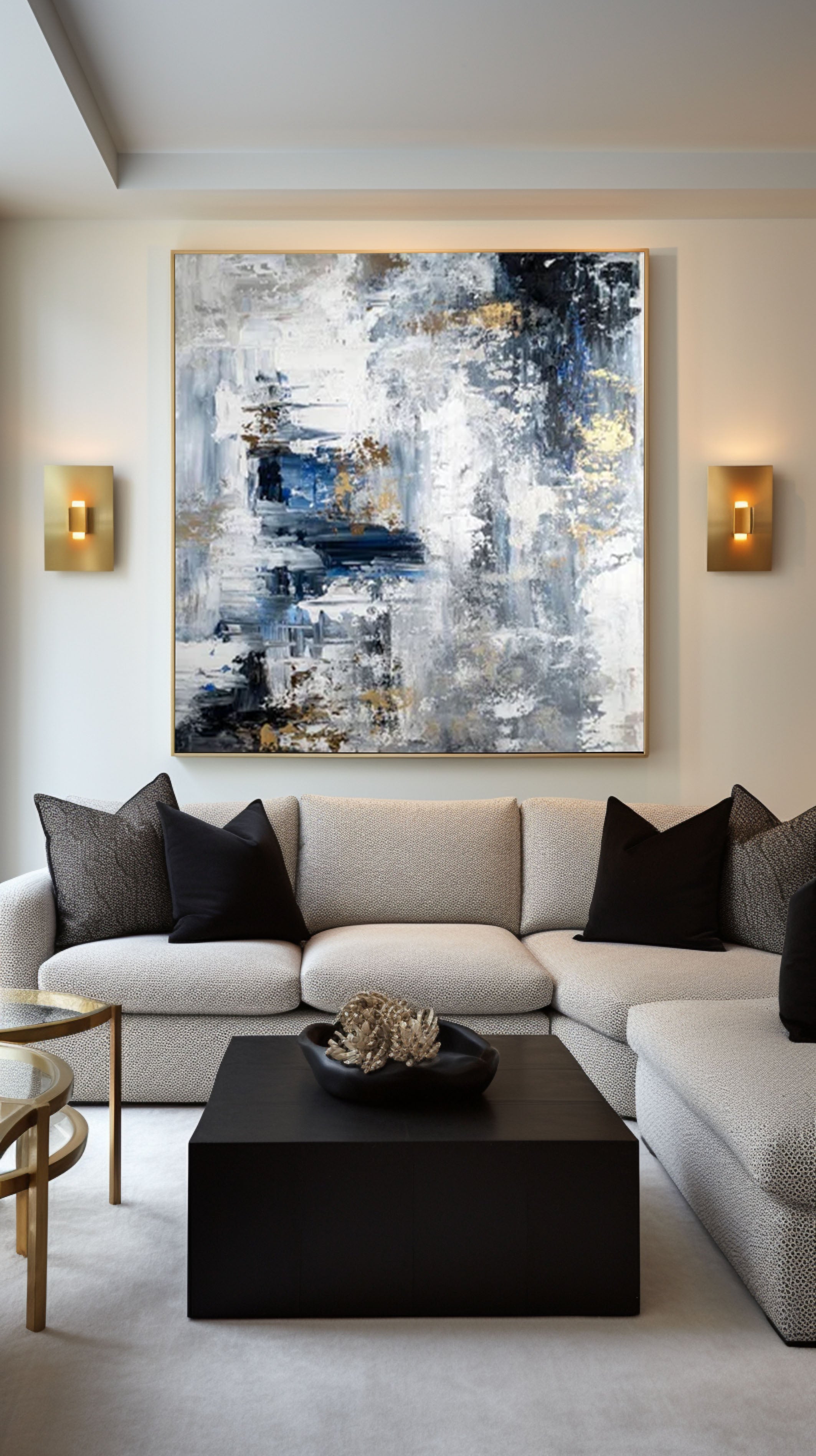 Large Modern Abstract Wall Art Blue and Metallic Painting #AP 068