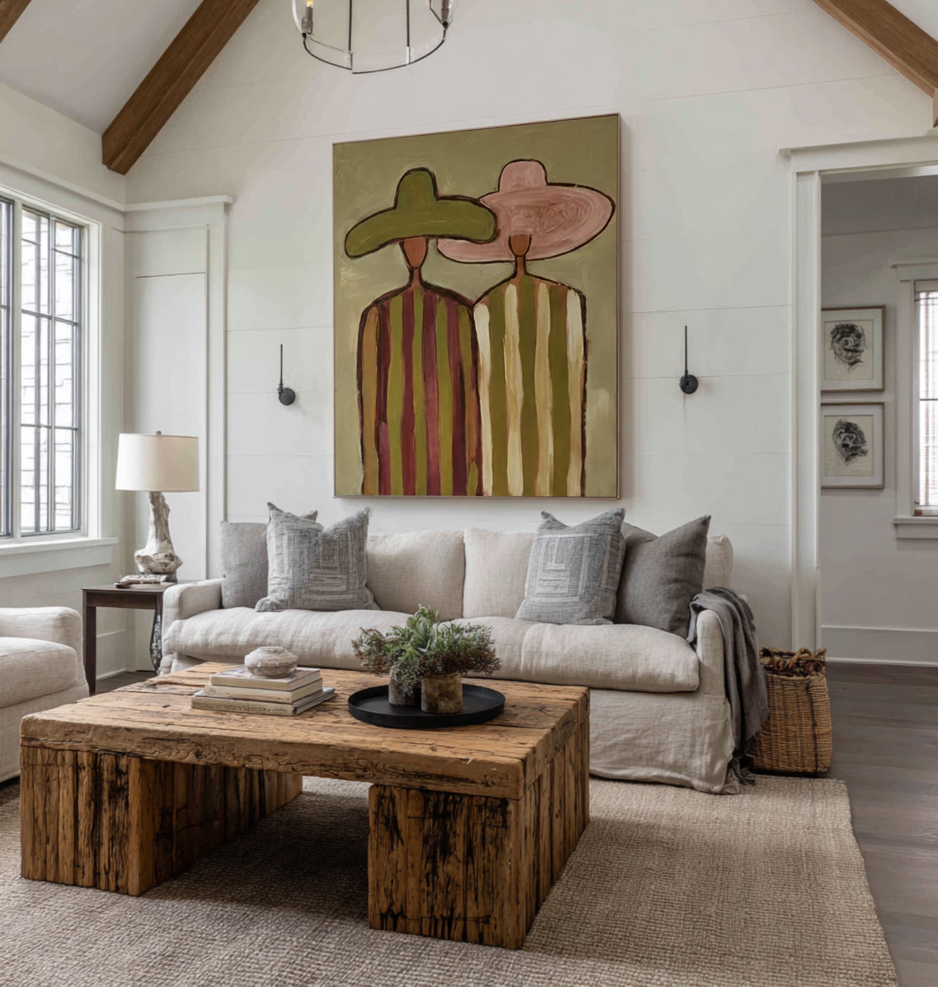 Oversized Minimalist Cowboy Couple Canvas Art Contemporary Neutral Painting