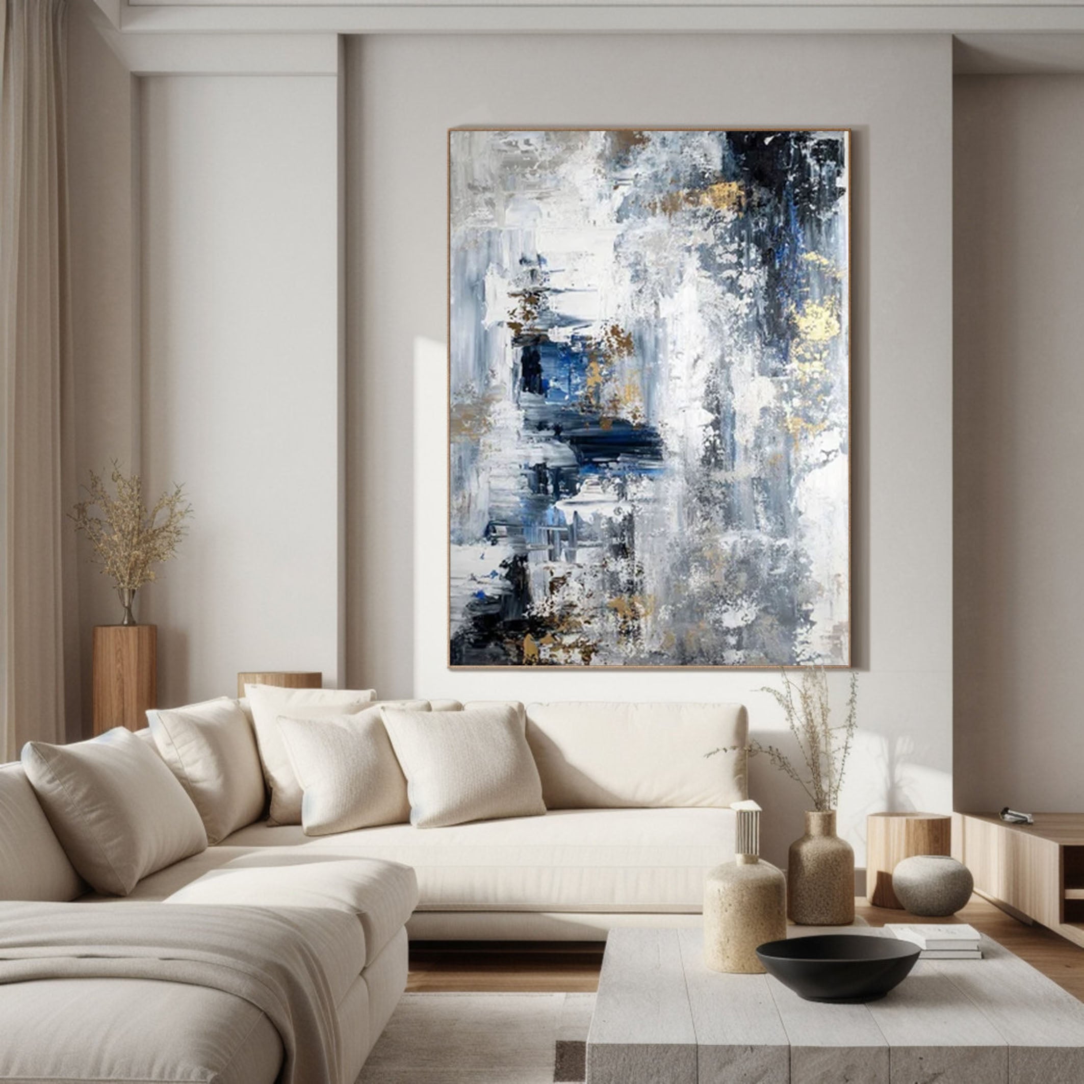 Large Modern Abstract Wall Art Blue and Metallic Painting #AP 062