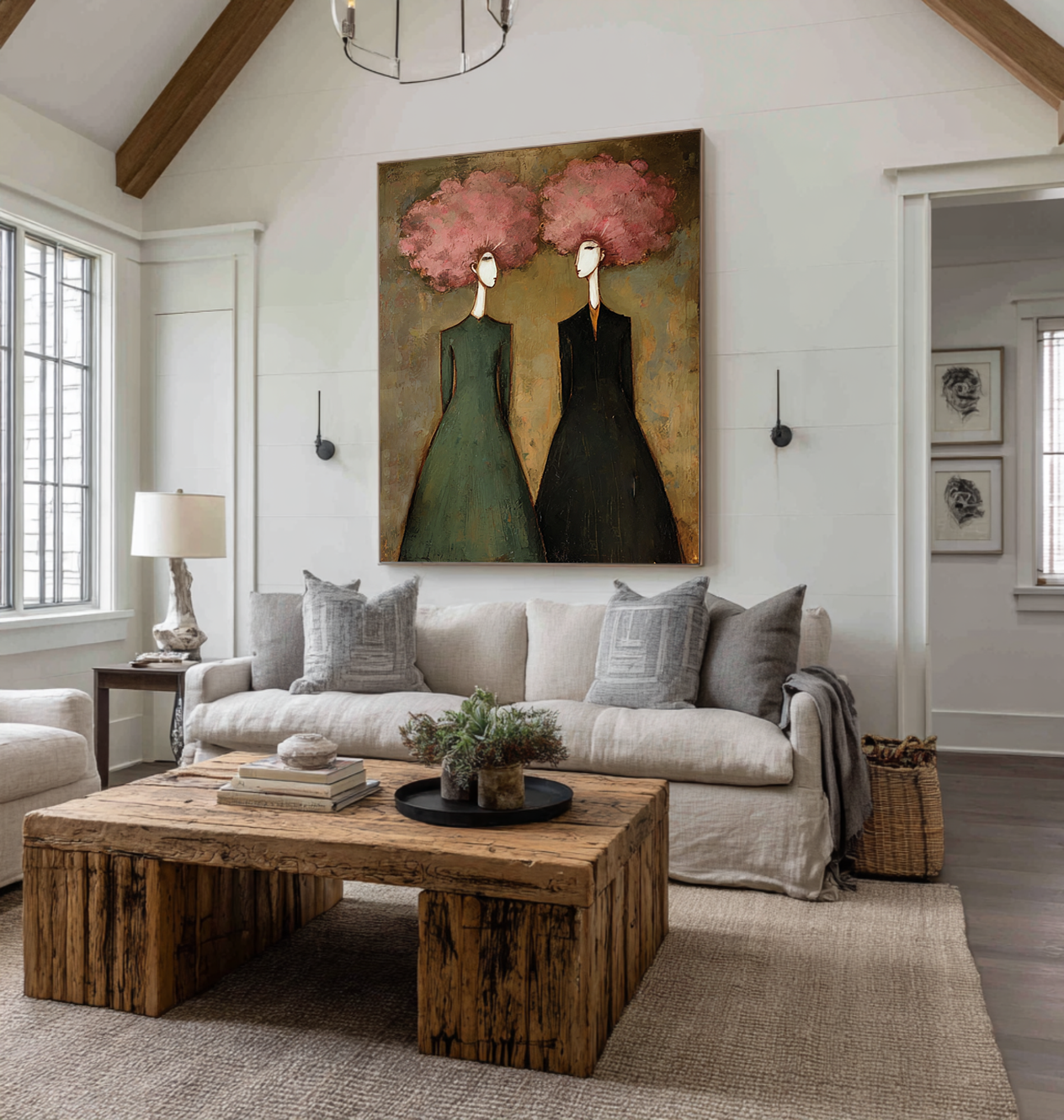 Elegant Figurative Oil Painting in Green and Pink #CZ 050