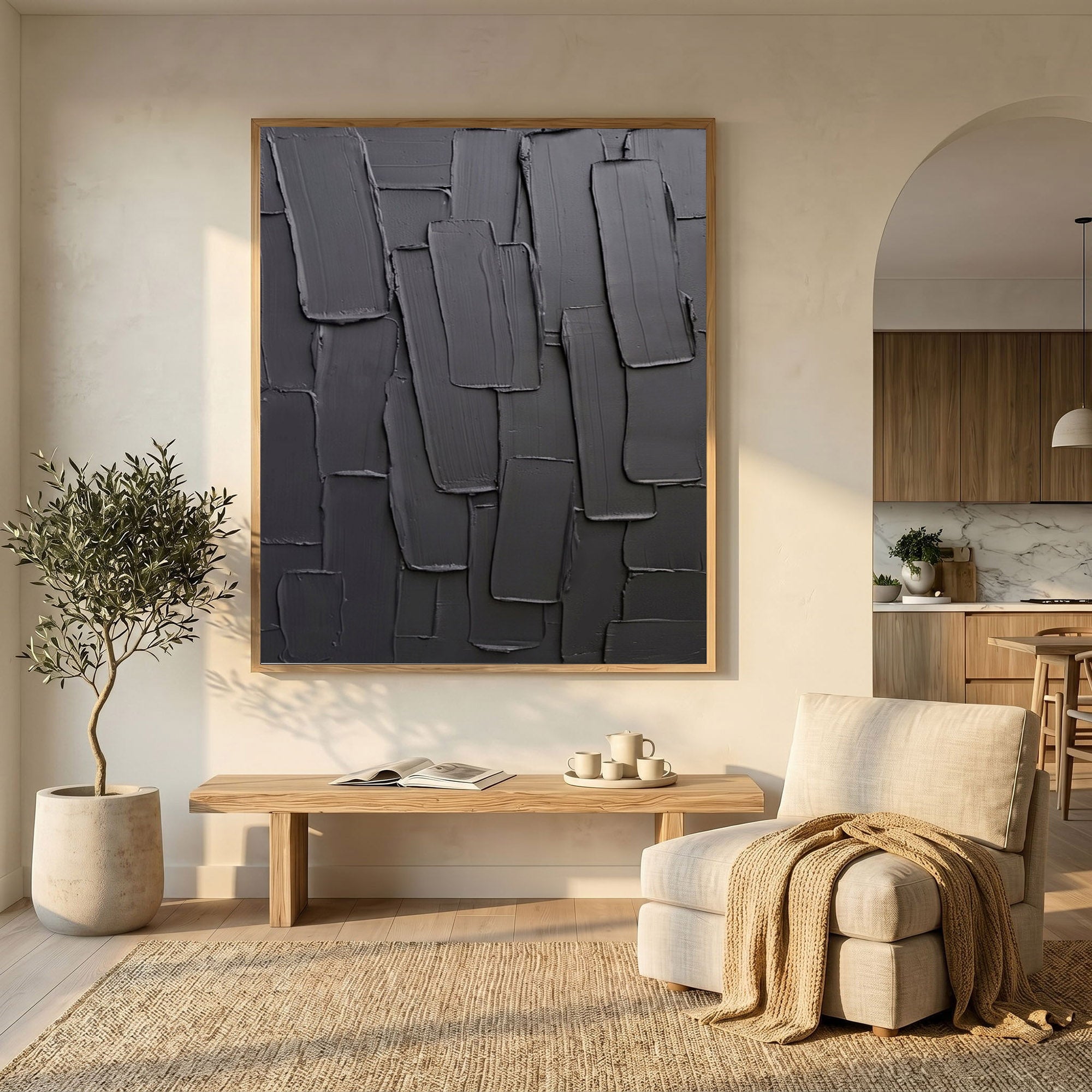 Large Charcoal Textured Wall Art Abstract Oil Painting Modern Impasto Minimalist Luxury Interior Decor