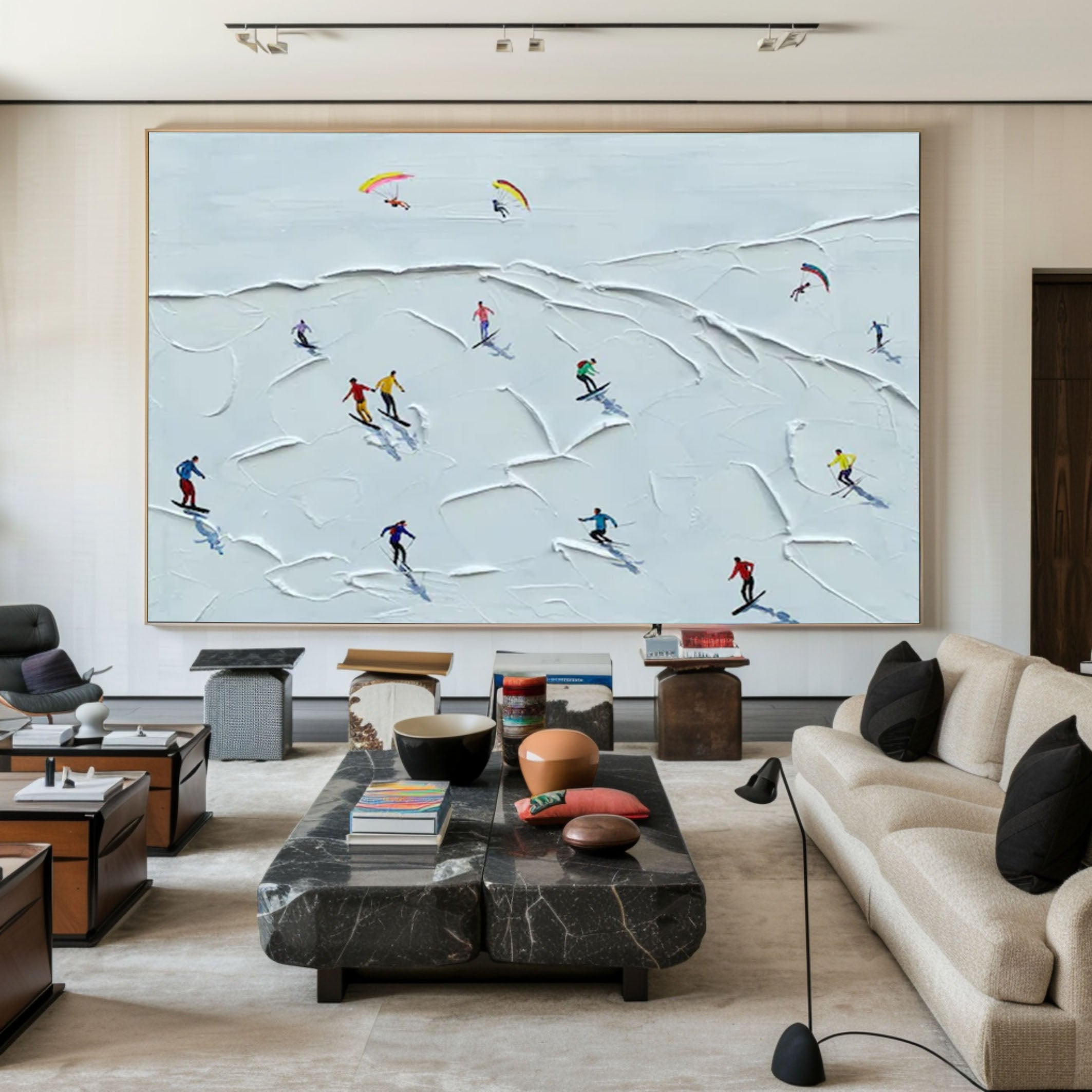Winter Skiing Scene Wall Art Textured Canvas for Modern Home Decor #ASP 012