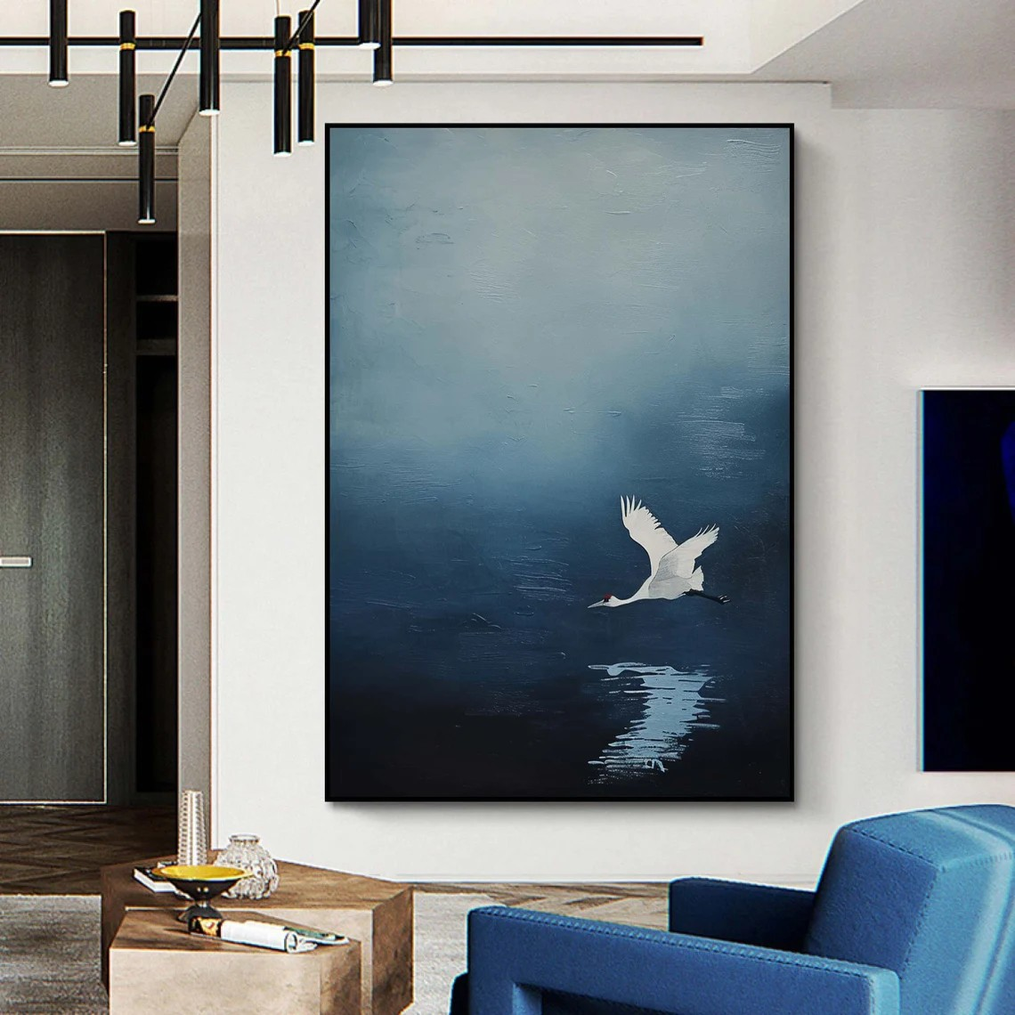 White Crane in Flight Misty Blue Abstract Canvas Art #AP 078