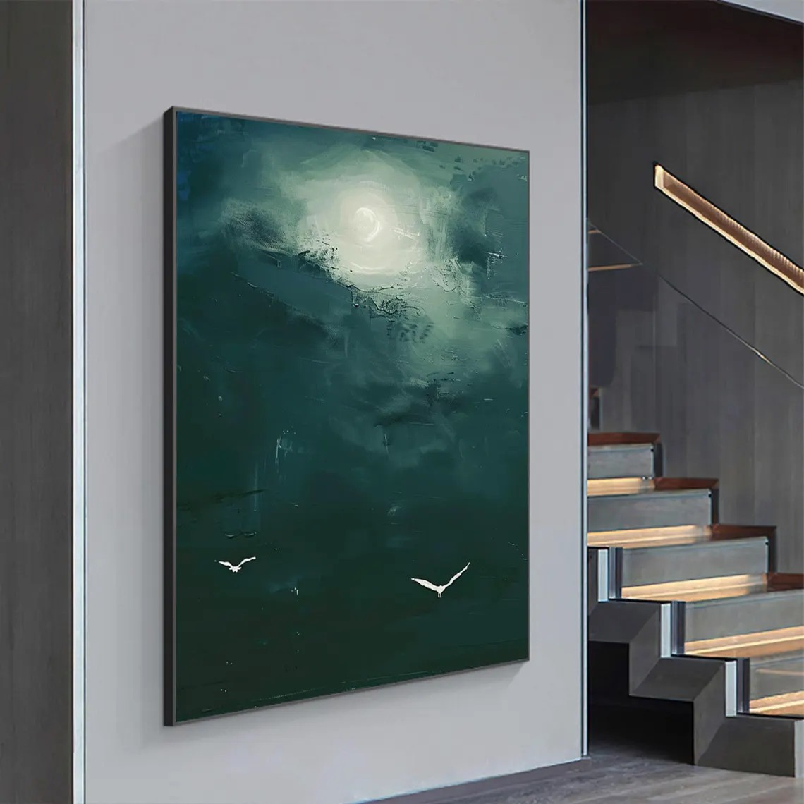 Moonlight & Birds Abstract Canvas Deep Green Wall Art #AP 077