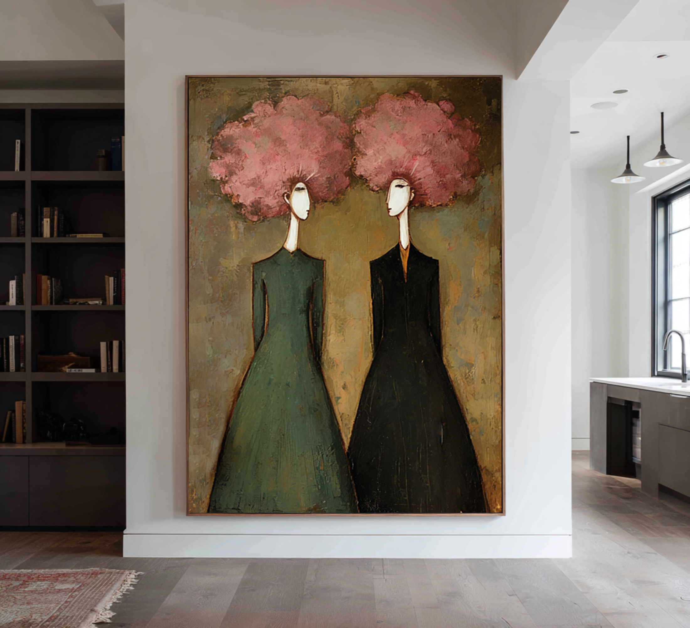 Elegant Figurative Oil Painting in Green and Pink #CZ 050