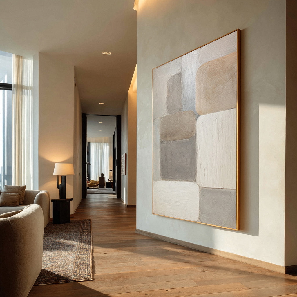 Large Beige & Gray Block Abstract Painting #AG 016