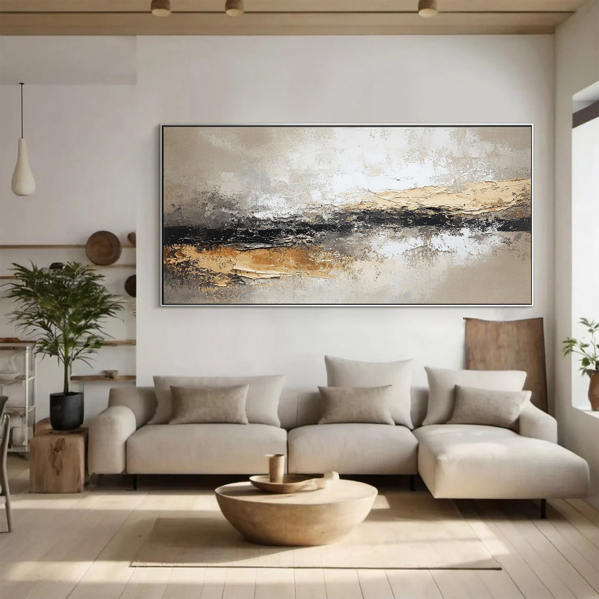 Large Beige & Black Abstract Wall Art For Living Room Decor #AP 027