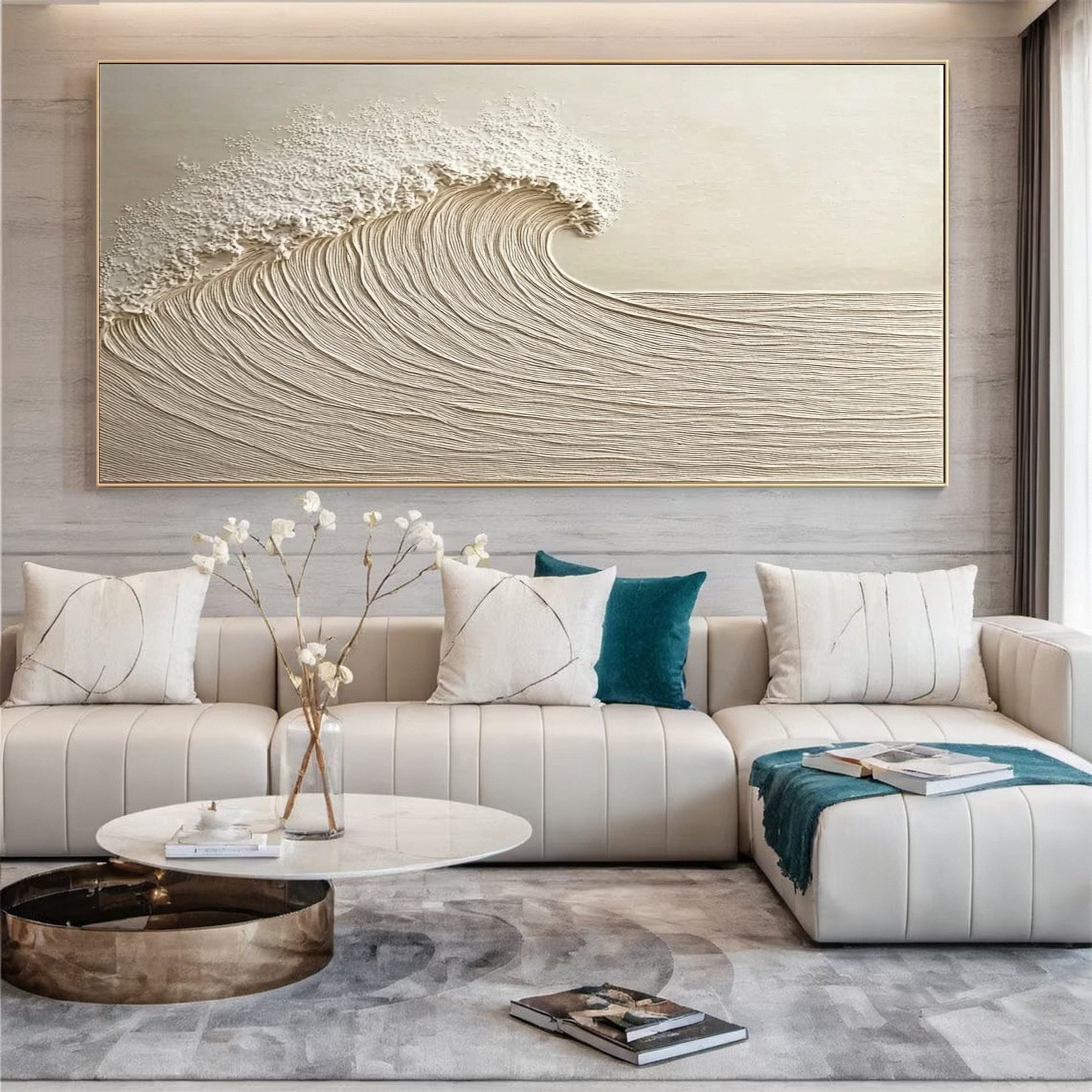 Neutral Toned Wave Large Ocean Textured Wall Art #OS 048