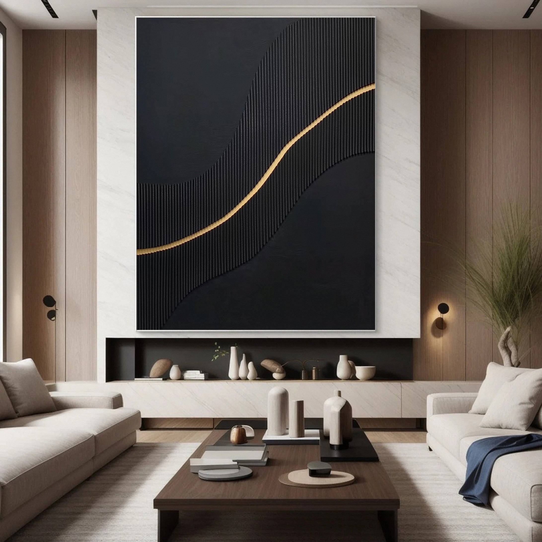 Golden Sway Chic Black and Gold Large Textured Wall Art #MMA 127