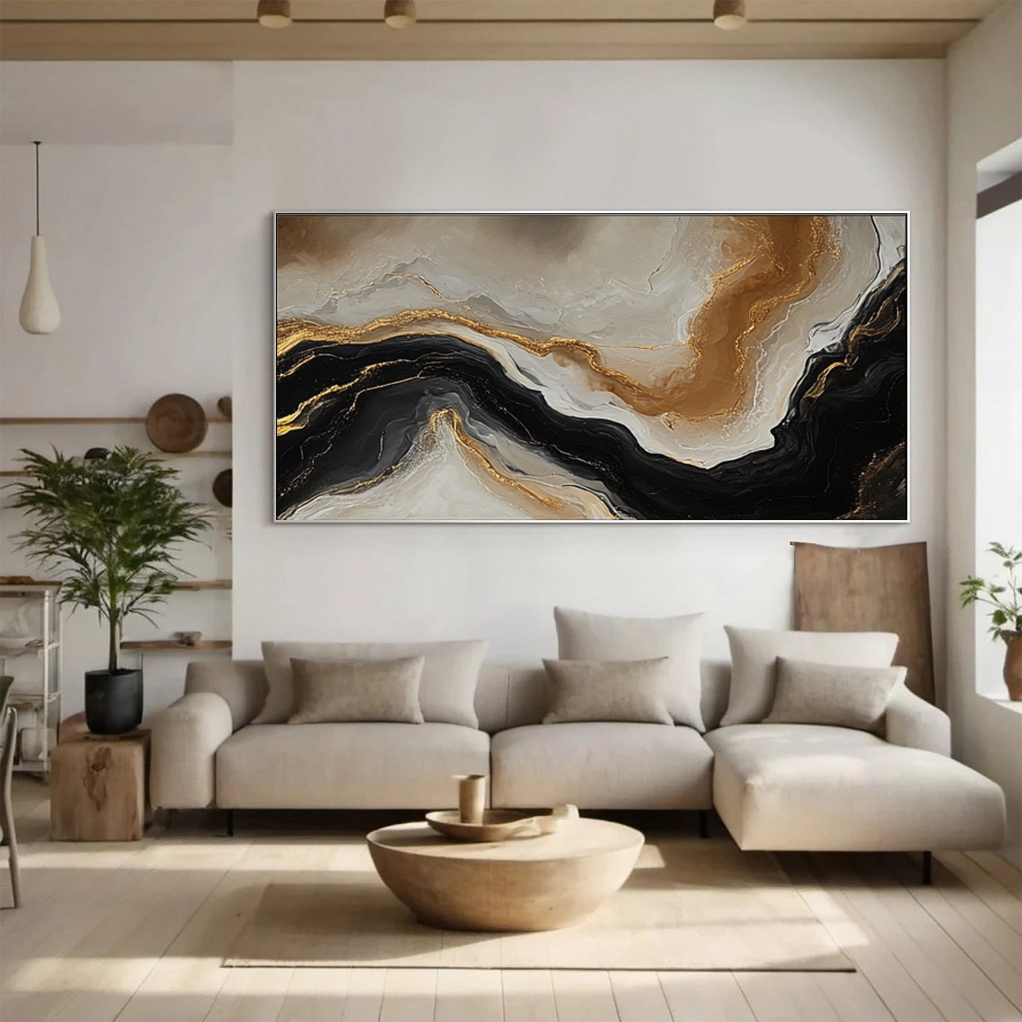 Large Beige & Black Abstract Wall Art For Living Room Decor #AP 056