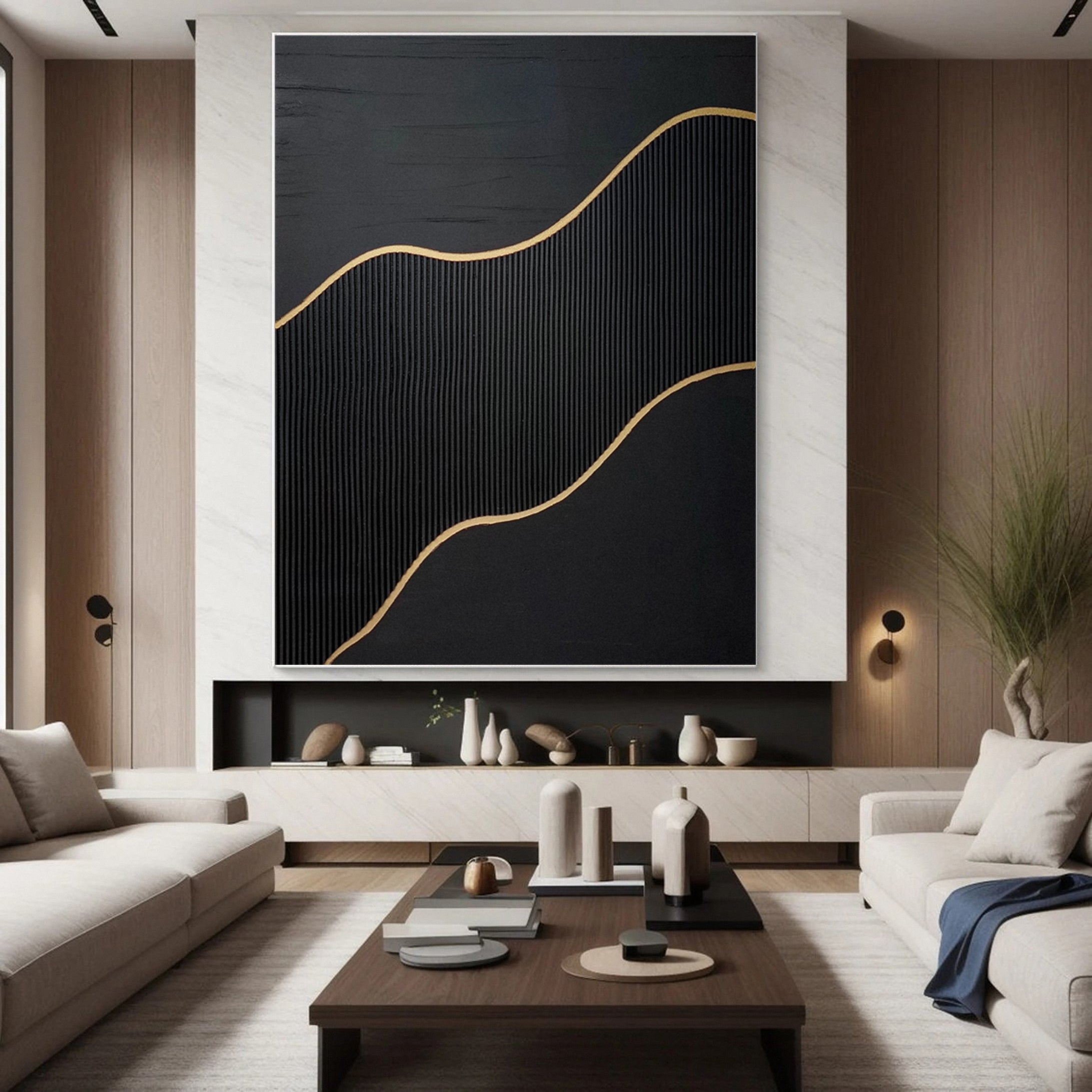Golden Sway Chic Black and Gold Large Textured Wall Art #MMA 125