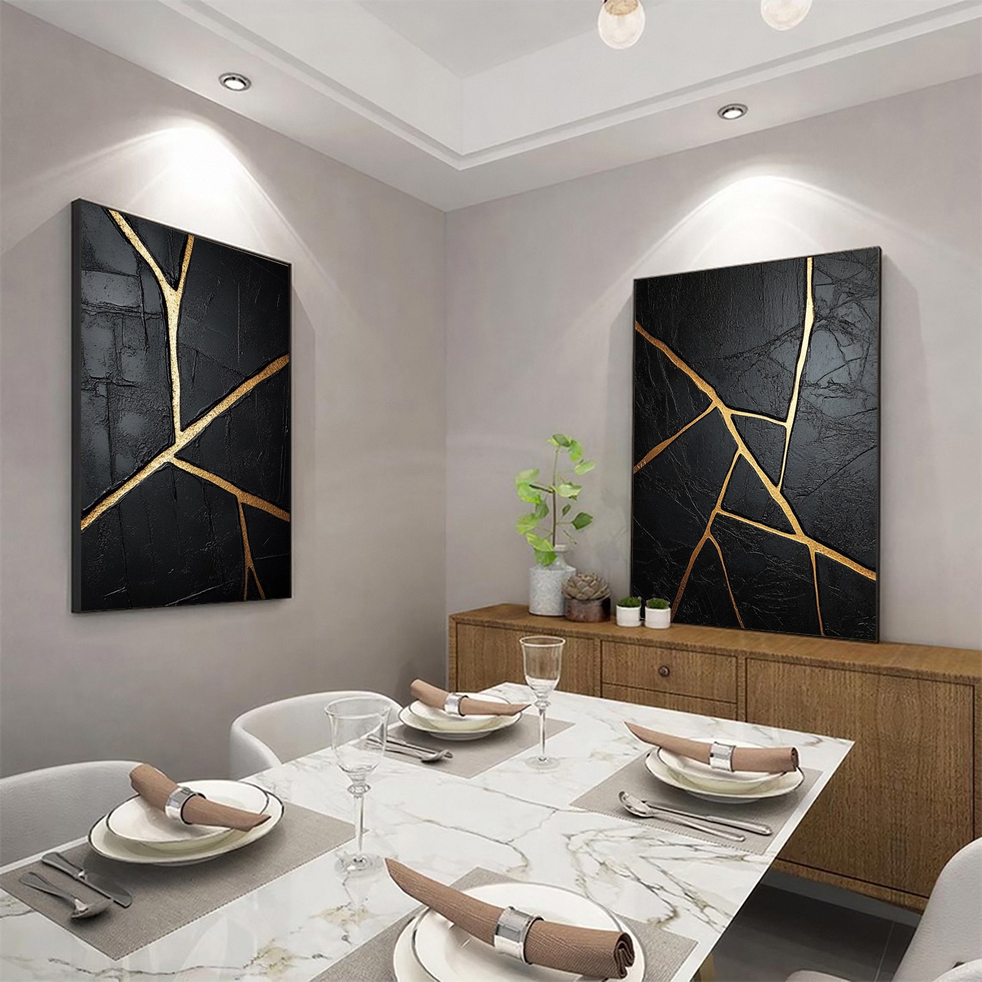 Luxurious Depths Black & Gold Abstract Canvas Art Set Of 2 #MMAS 052