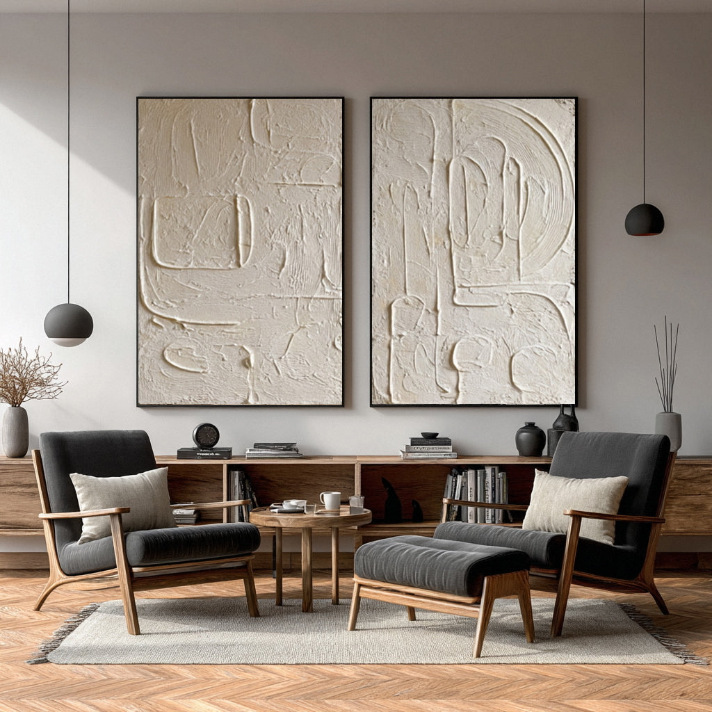 Oversized White Impasto Paintings for Minimalist Chic Set Of 2 #AG 013