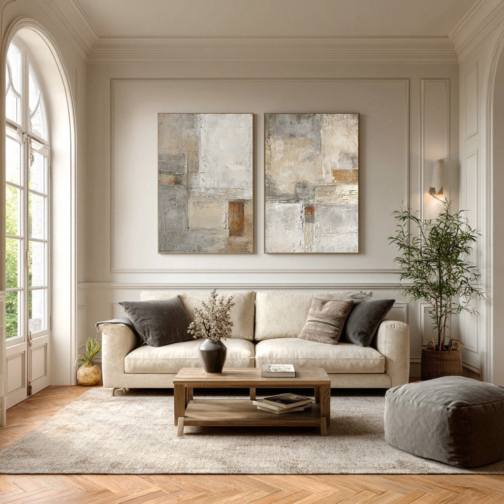 Oversized Beige & Gray Textured Canvas Panels Set Of 2 #AG 015