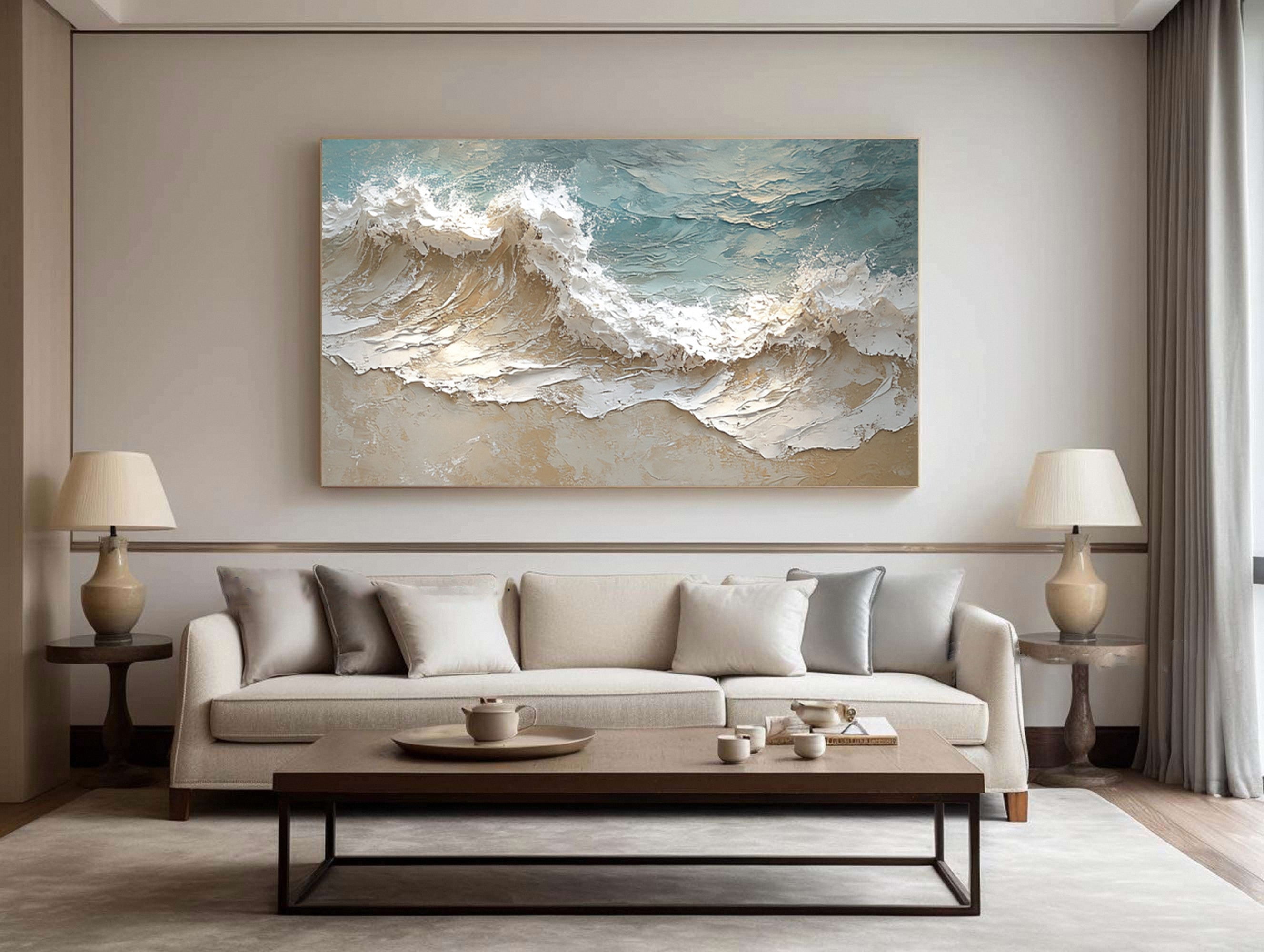 Modern 3D Ocean Wave Canvas Gold Frame Art #AG 039