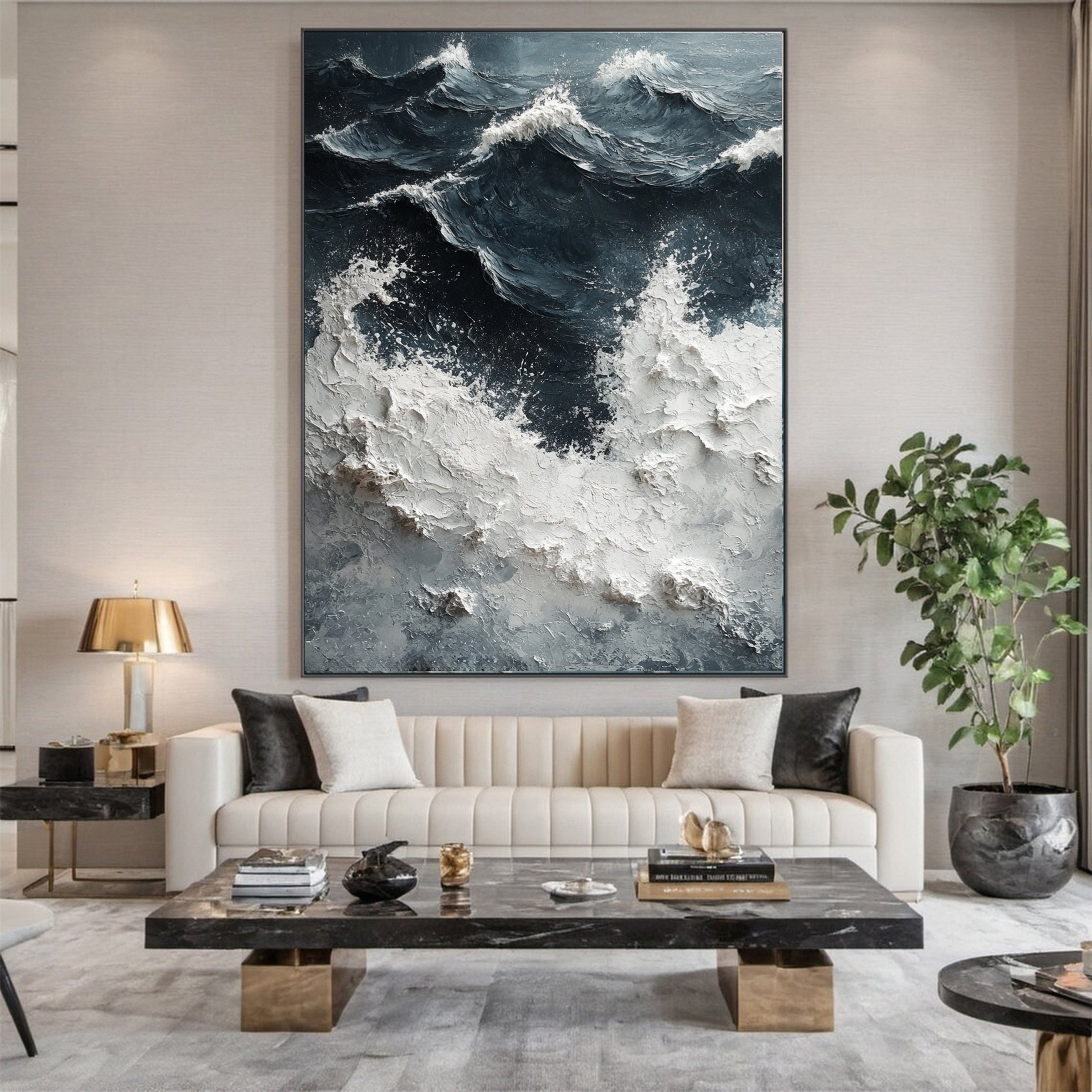 Sea Wave Blue & White Large Textured Ocean Wall Art #OS 043