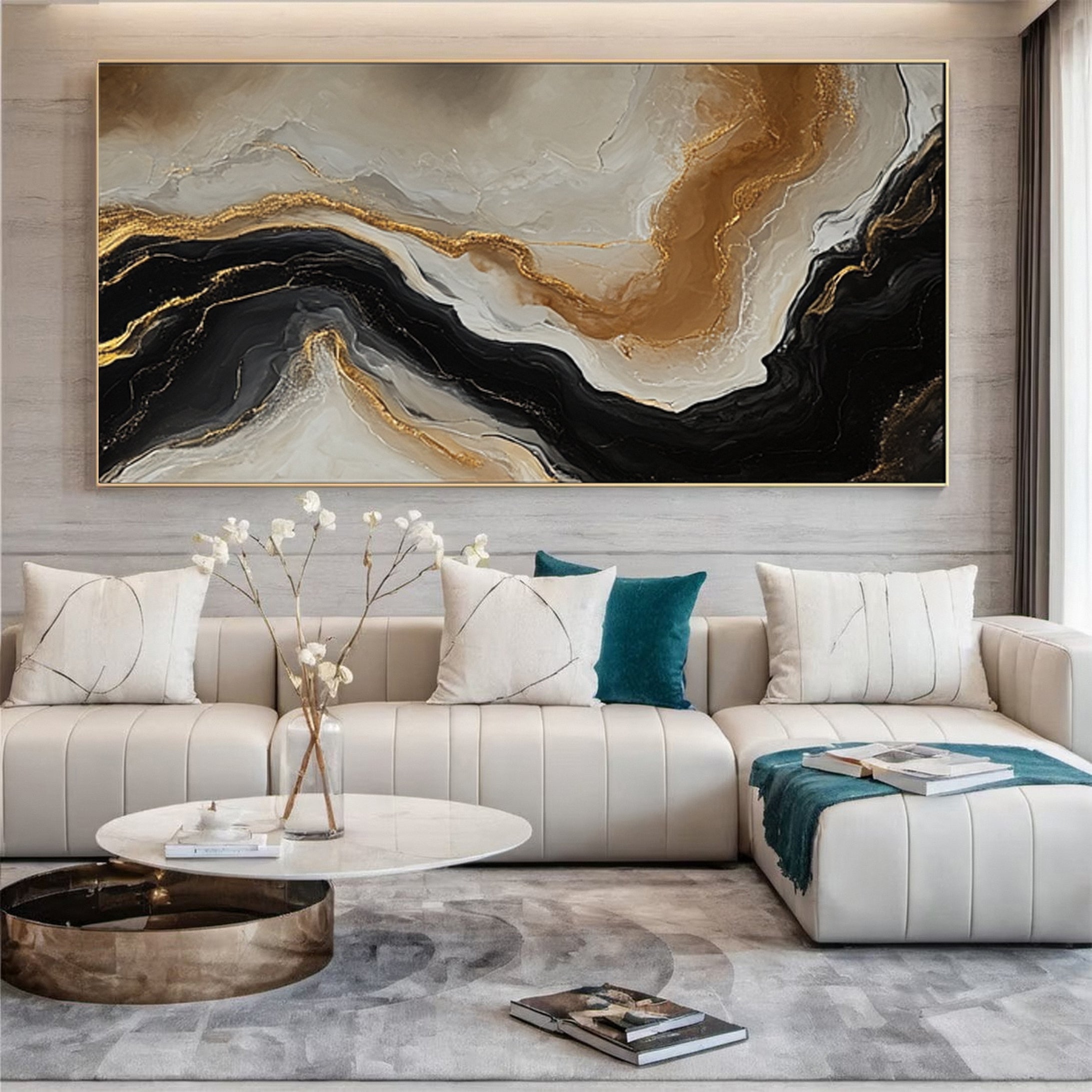 Large Beige & Black Abstract Wall Art For Living Room Decor #AP 056