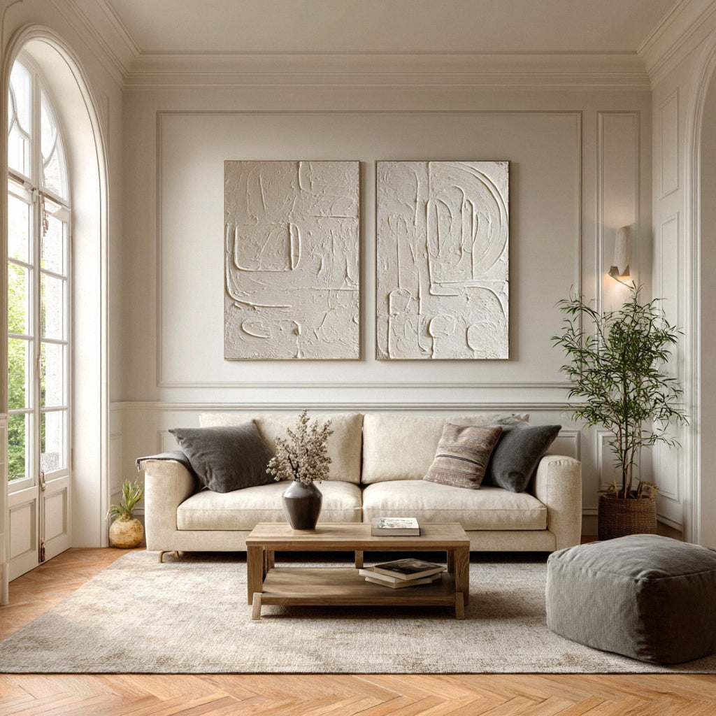 Oversized White Impasto Paintings for Minimalist Chic Set Of 2 #AG 013