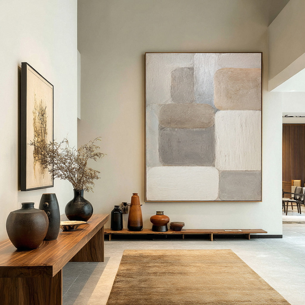 Large Beige & Gray Block Abstract Painting #AG 016