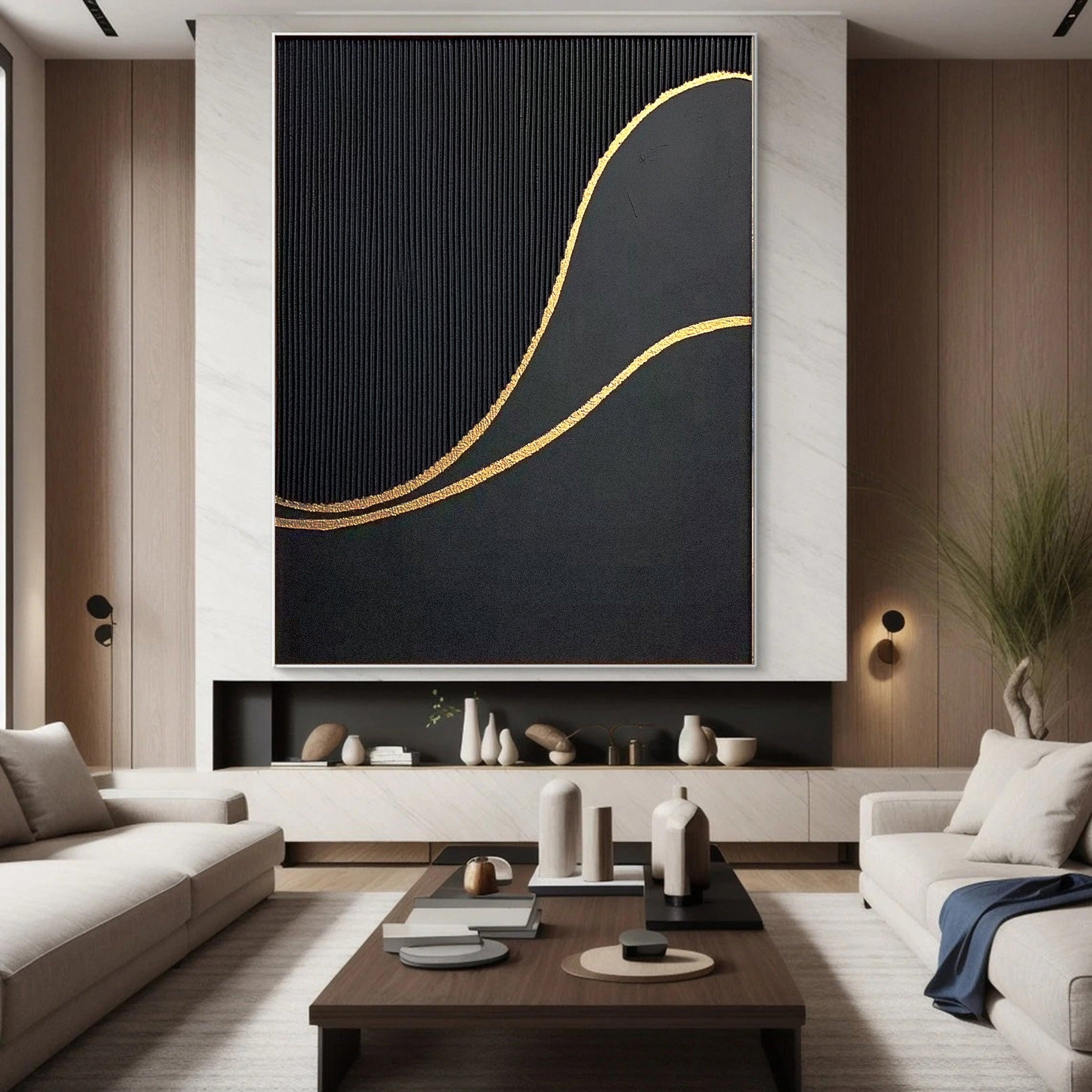 Luxury Waves Black and Gold Abstract Canvas Art #MMA 124