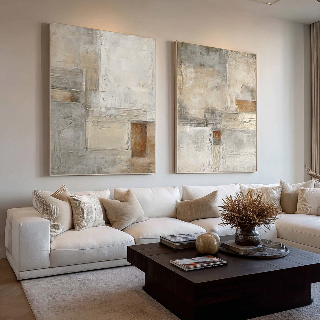 Oversized Beige & Gray Textured Canvas Panels Set Of 2 #AG 015