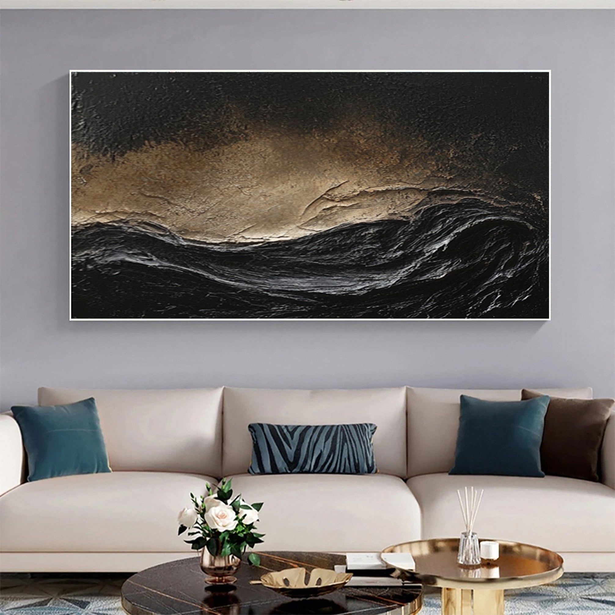 Stormy Elegance Large Black and Gold Abstract Wall Art #MMA 147