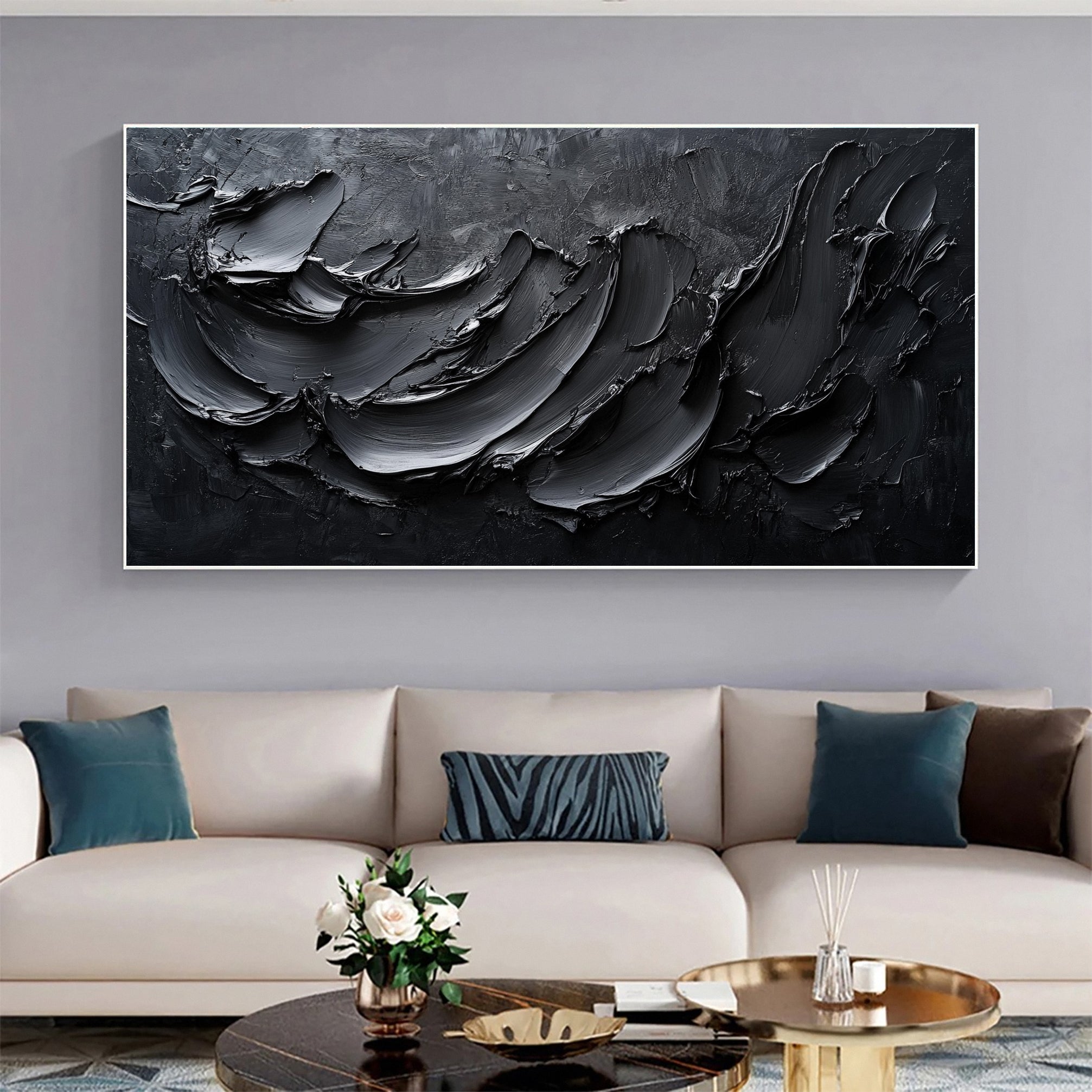 Luxurious Depths Large Black Textured Abstract Canvas Art #MMA 111