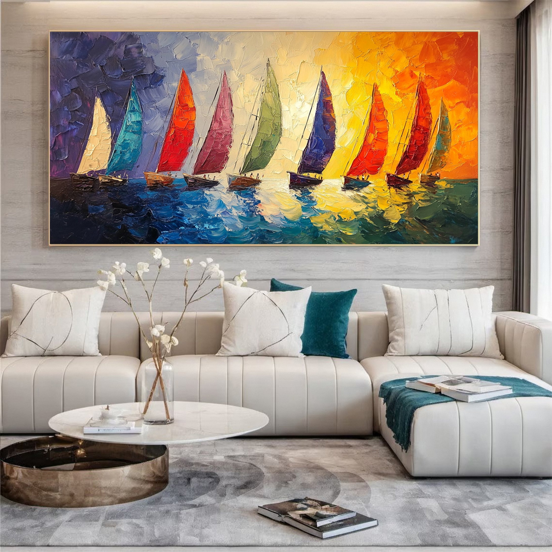 Colorful Regatta Textured Sailboat Painting Sunset Wall Art #MMA 158