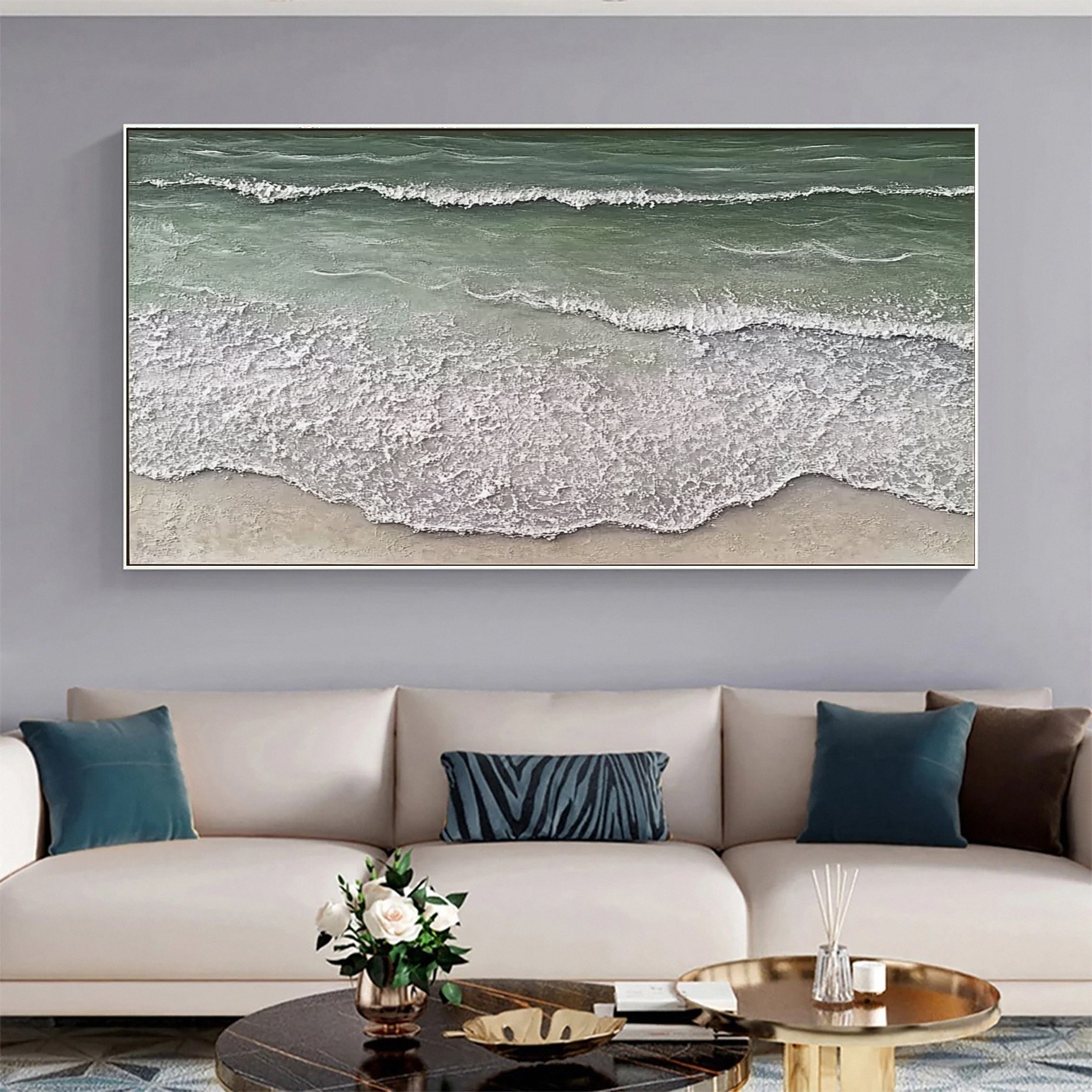 Large Green & White Sea Wave Textured Wall Art #OS 050