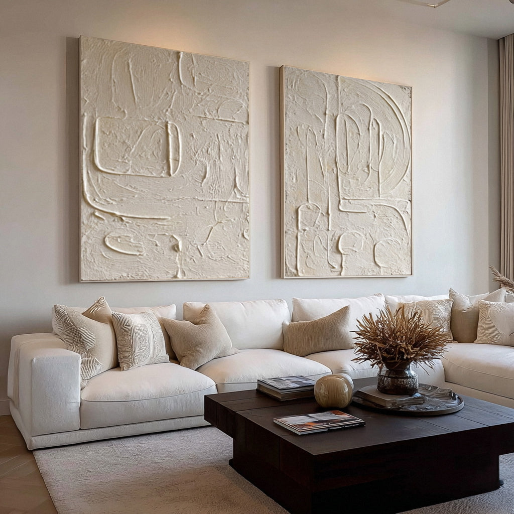 Oversized White Impasto Paintings for Minimalist Chic Set Of 2 #AG 013
