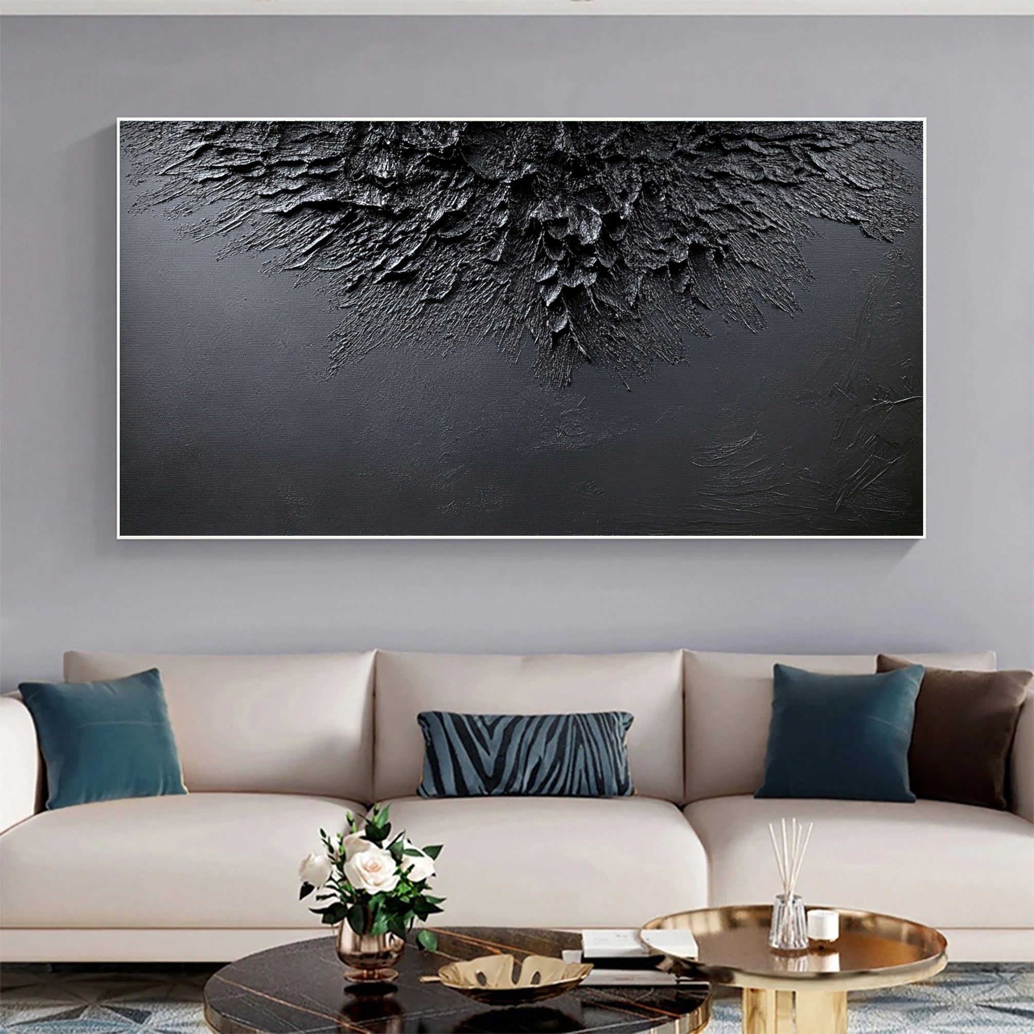 Luxurious Depths Large Black Textured Abstract Canvas Art #MMA 114