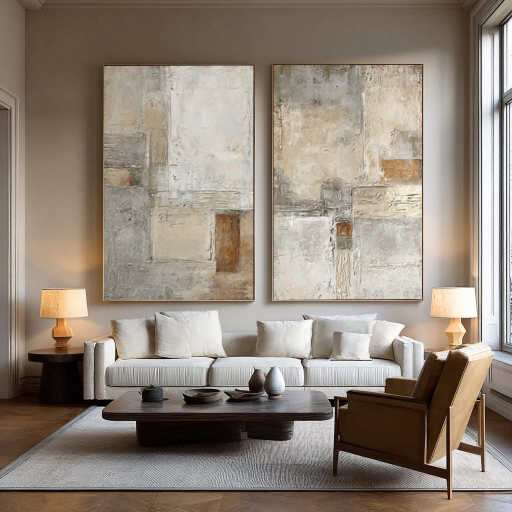 Oversized Beige & Gray Textured Canvas Panels Set Of 2 #AG 015