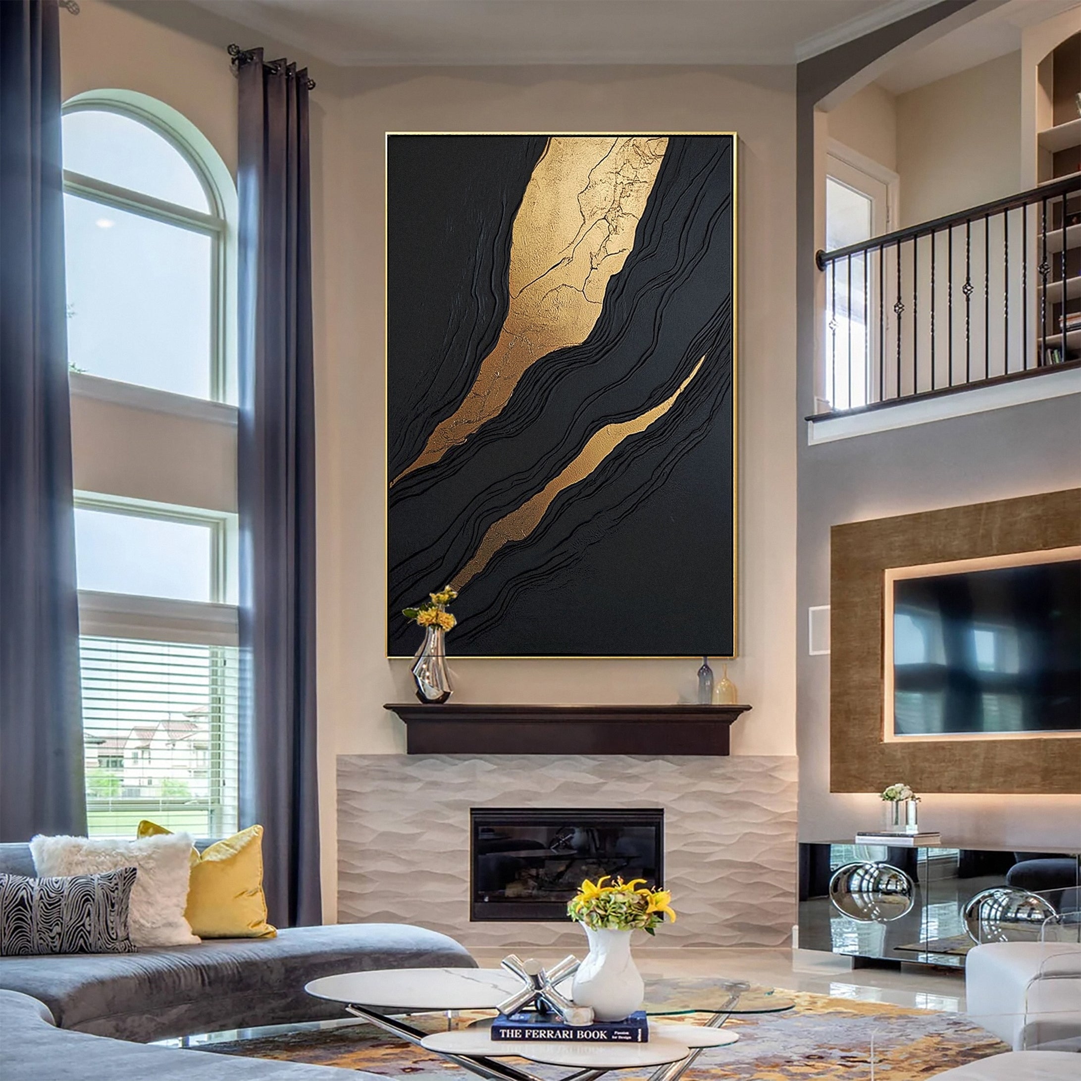Golden Sway Chic Black and Gold Large Textured Wall Art #MMA 129