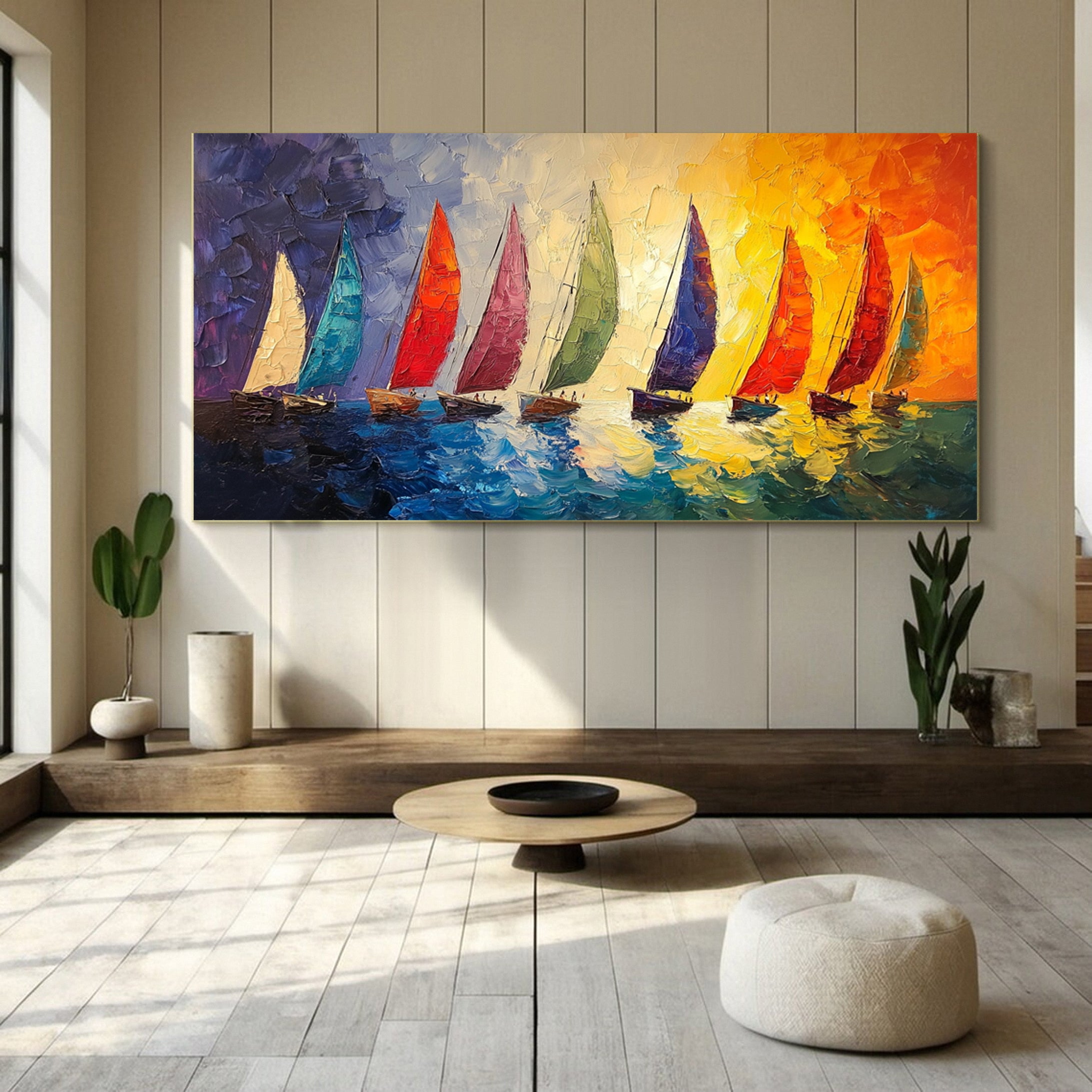 Colorful Regatta Textured Sailboat Painting Sunset Wall Art #MMA 158