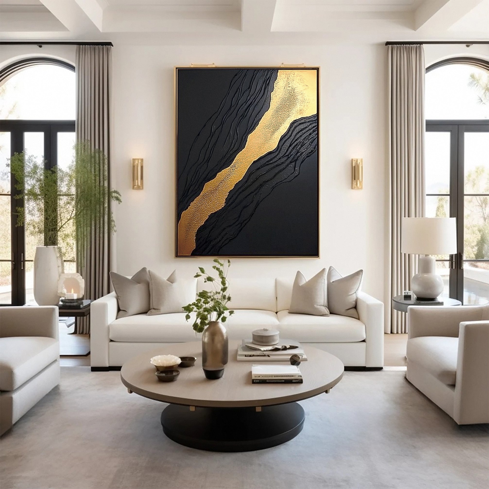 Golden Sway Chic Black and Gold Large Textured Wall Art #MMA 130