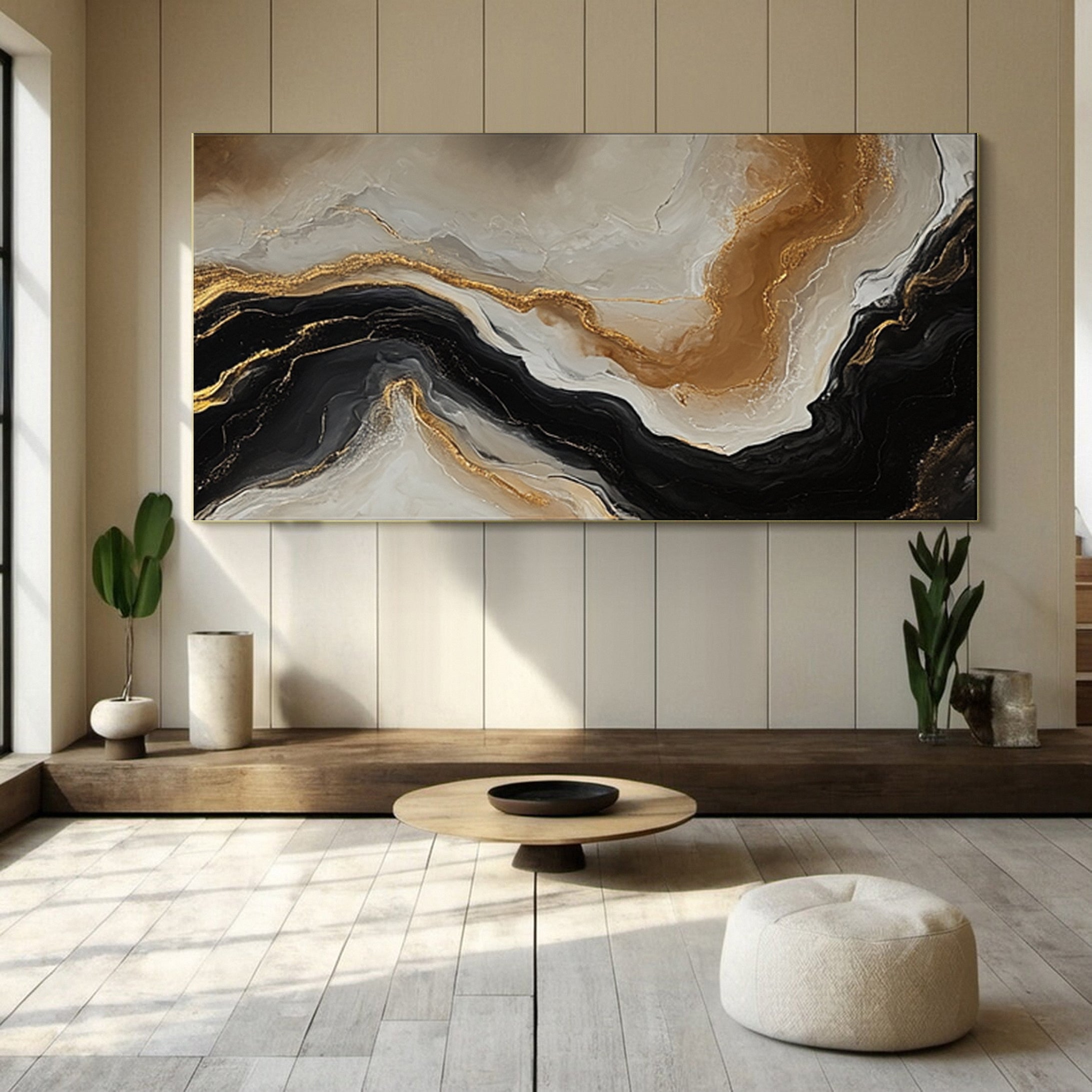 Large Beige & Black Abstract Wall Art For Living Room Decor #AP 056