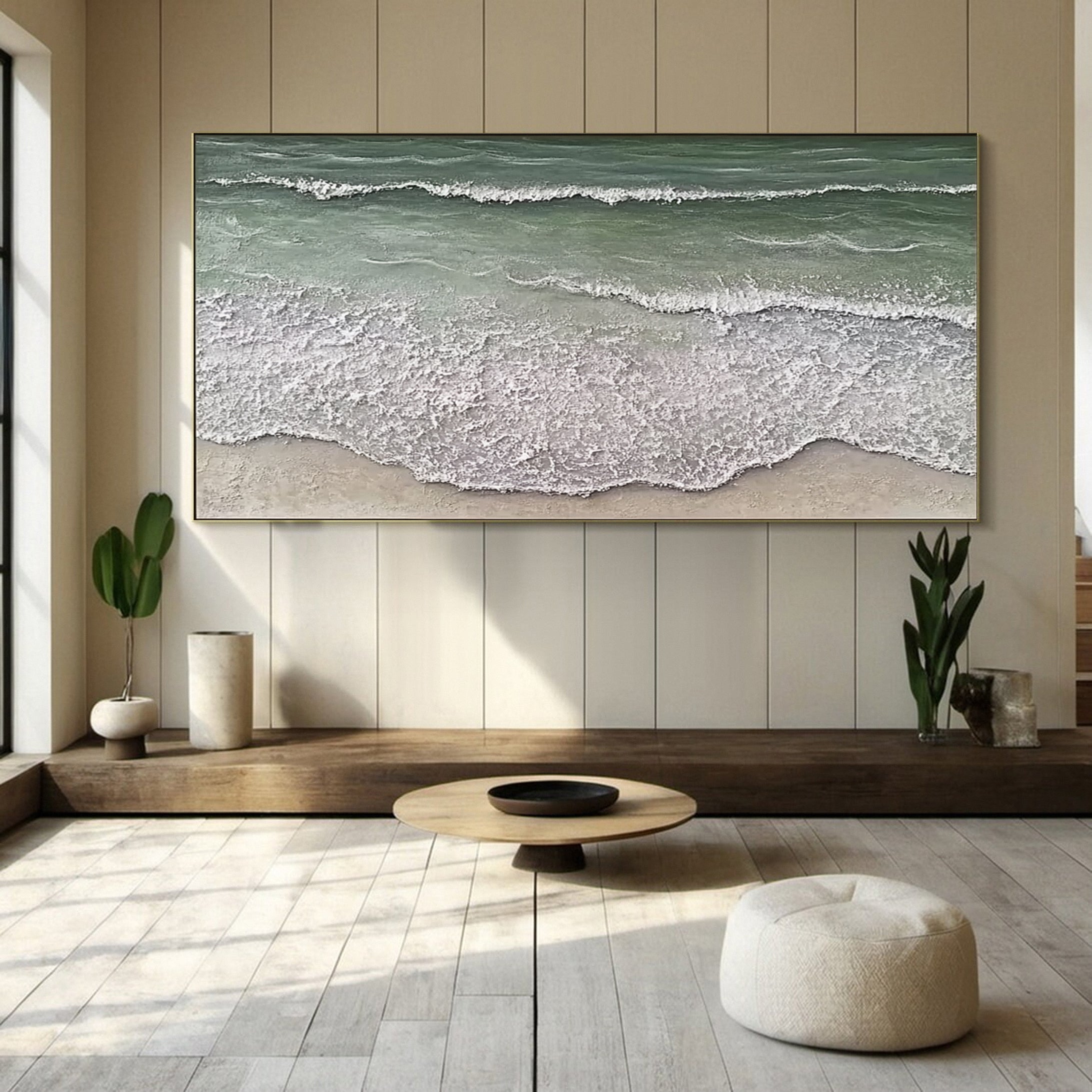 Large Green & White Sea Wave Textured Wall Art #OS 050