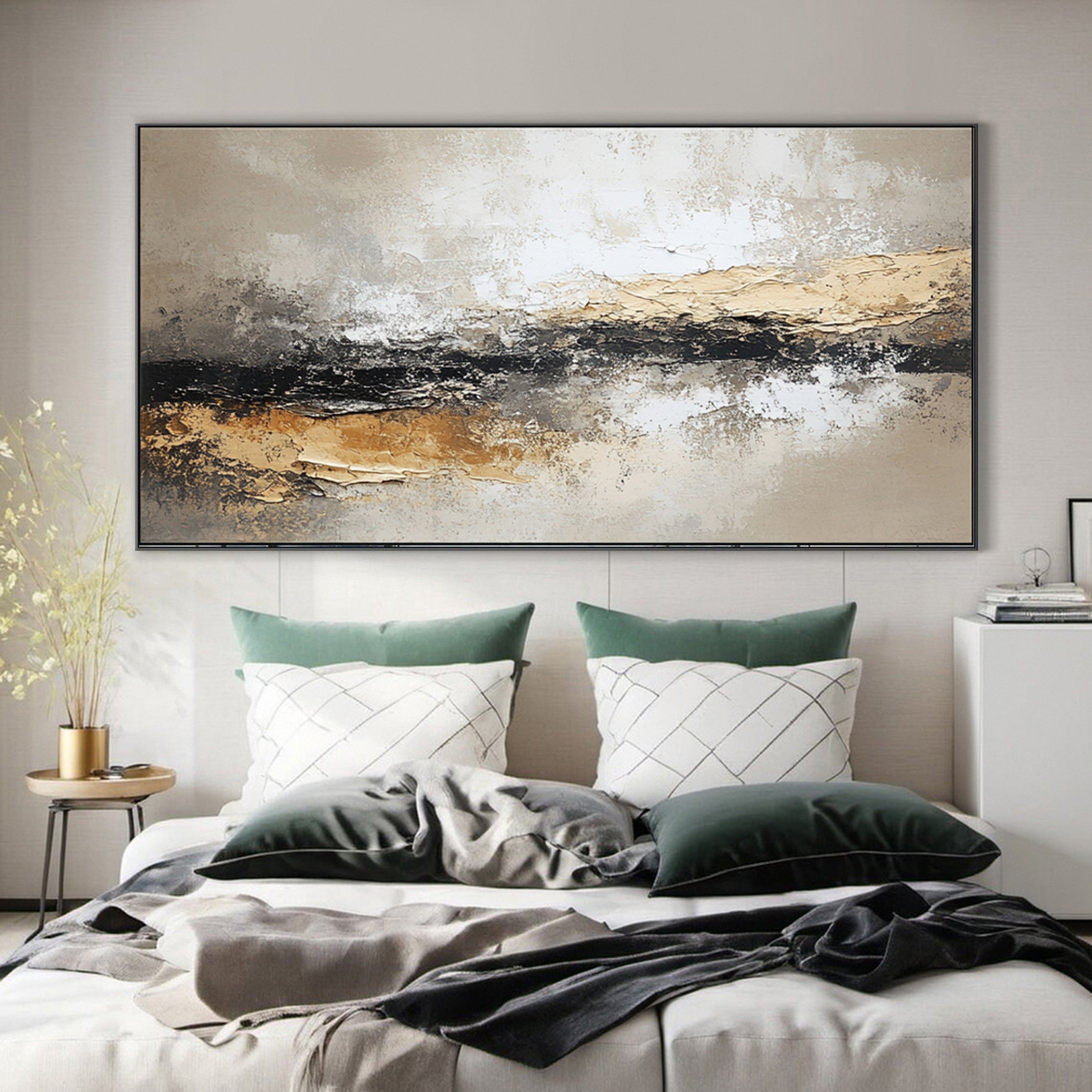 Large Beige & Black Abstract Wall Art For Living Room Decor #AP 027