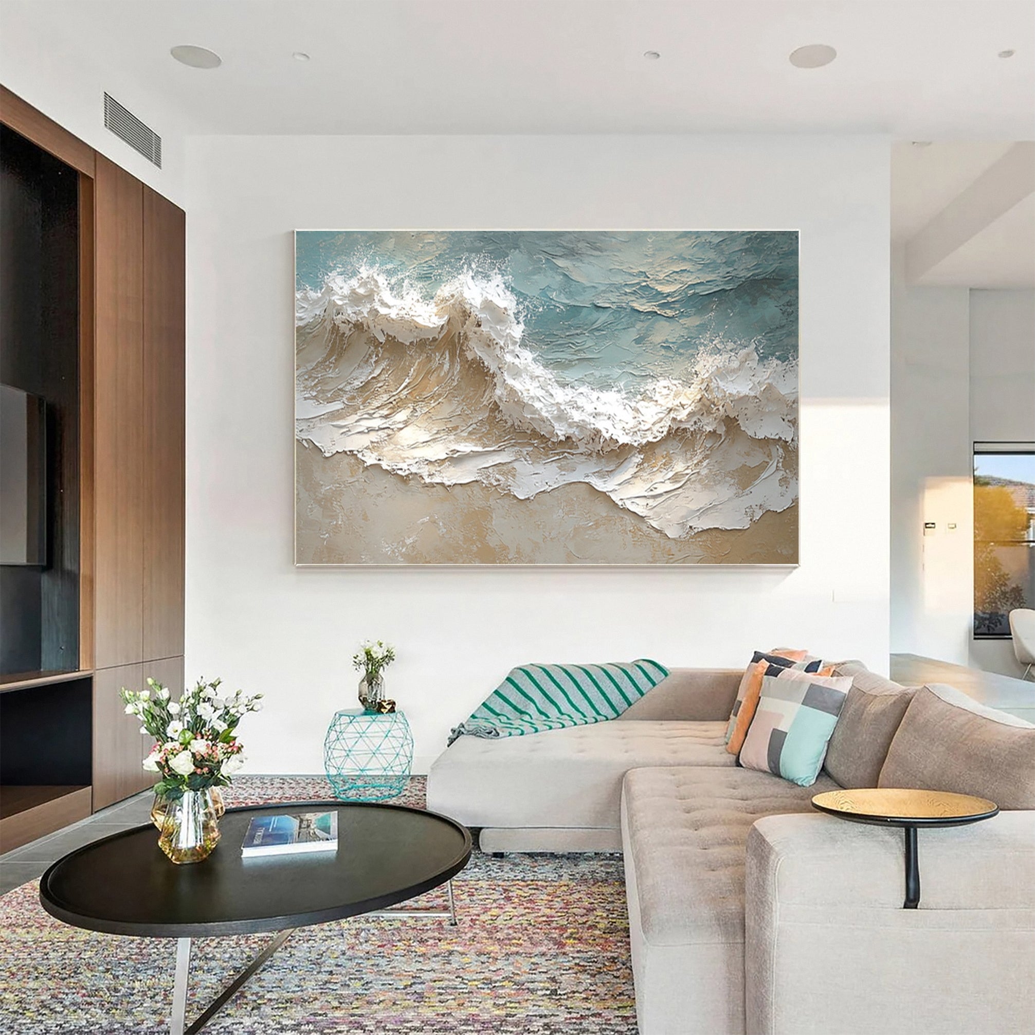 Modern 3D Ocean Wave Canvas Gold Frame Art #AG 039
