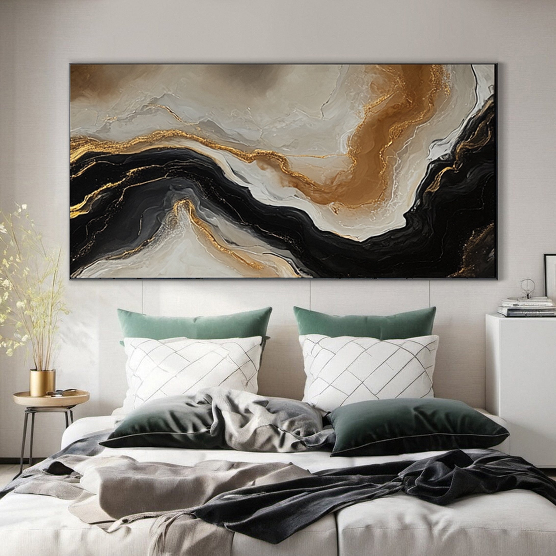 Large Beige & Black Abstract Wall Art For Living Room Decor #AP 056