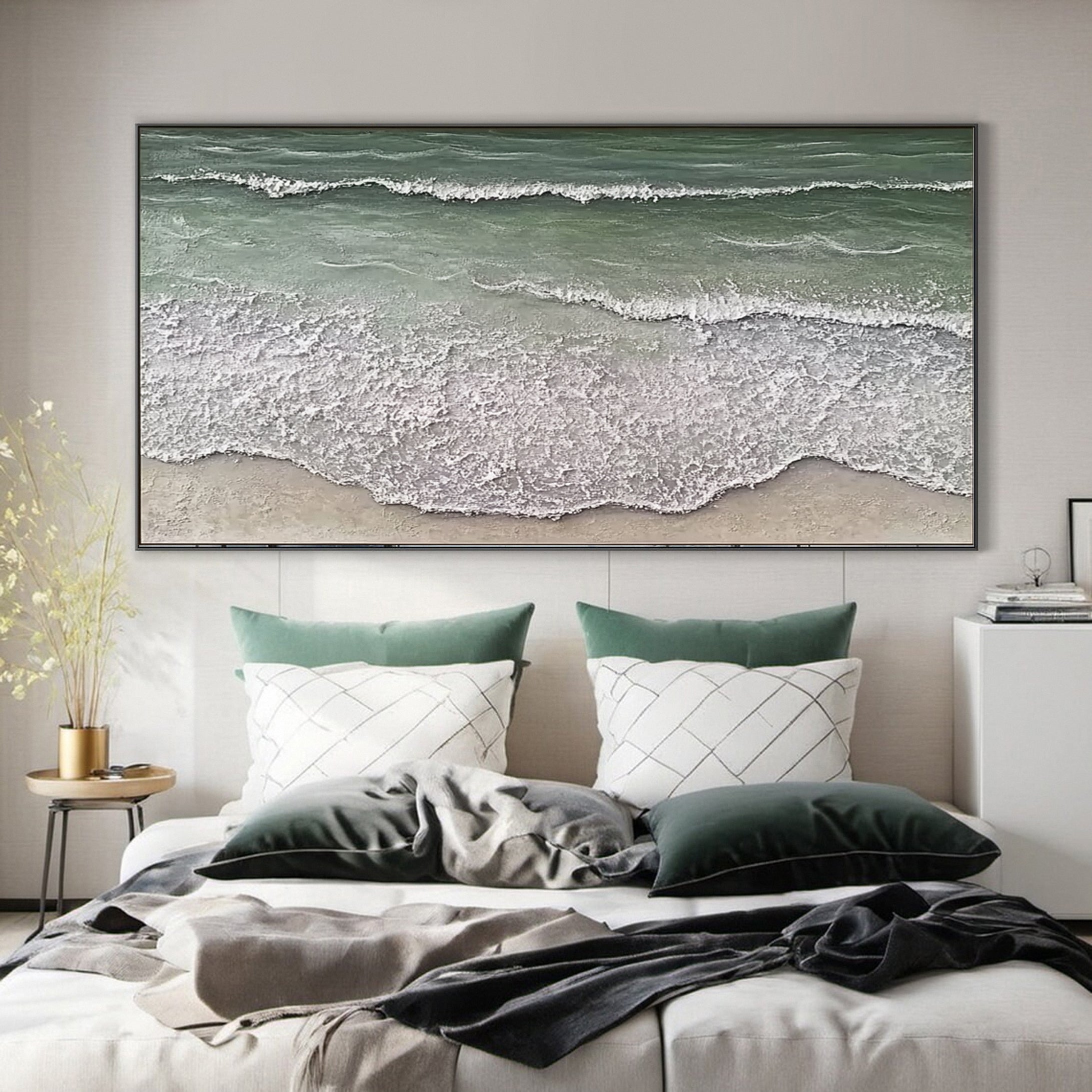Large Green & White Sea Wave Textured Wall Art #OS 050