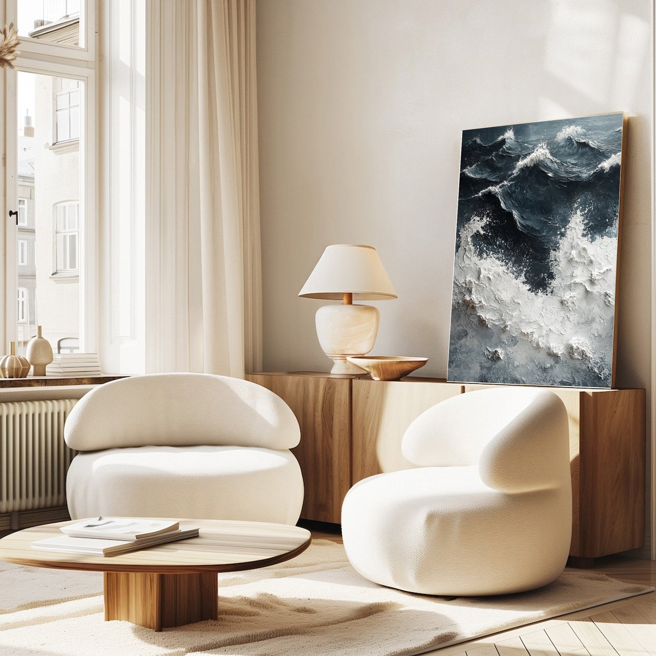 Sea Wave Blue & White Large Textured Ocean Wall Art #OS 043