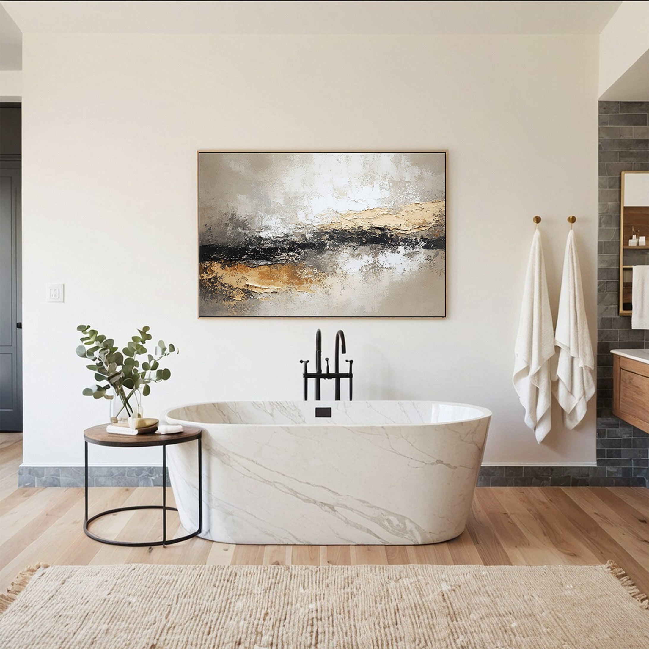 Large Beige & Black Abstract Wall Art For Living Room Decor #AP 027