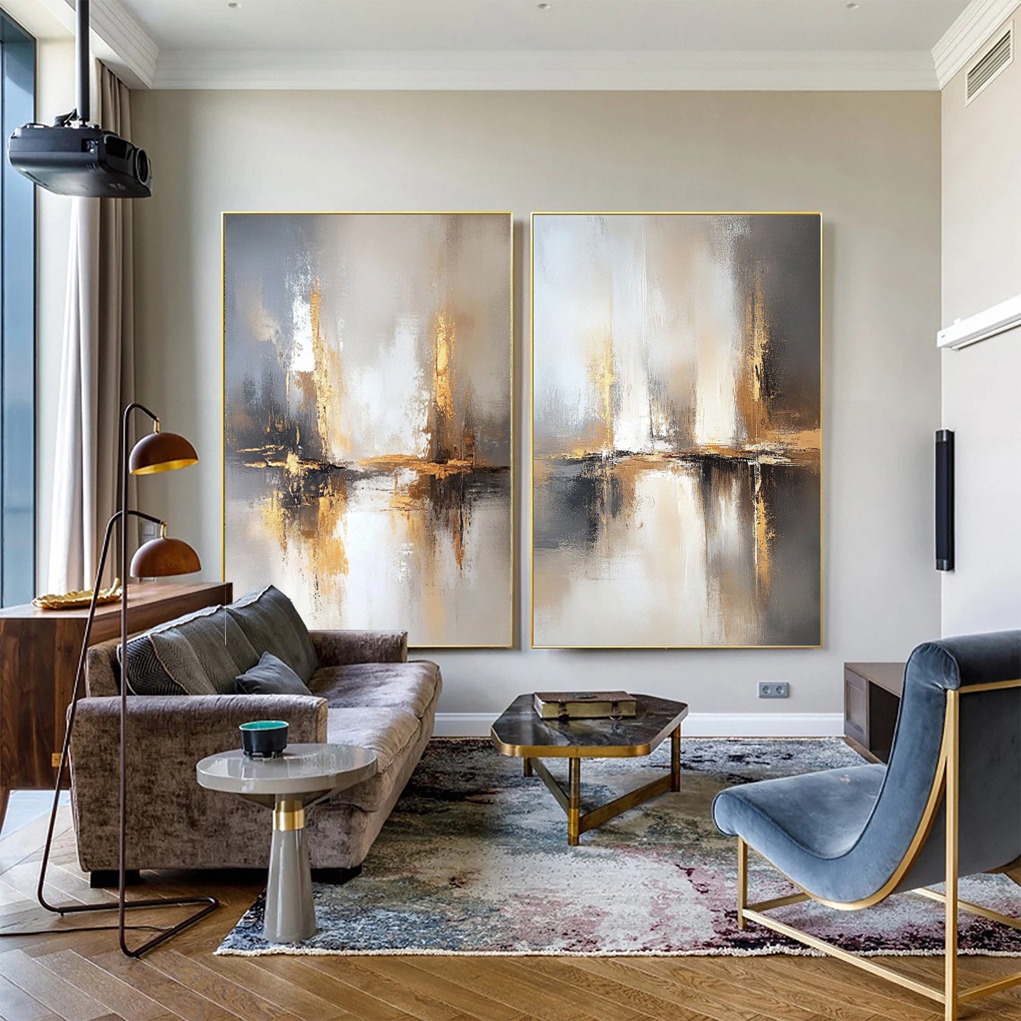 Golden Reflections Luxurious Large Abstract Art Set Of 2 #APS 003