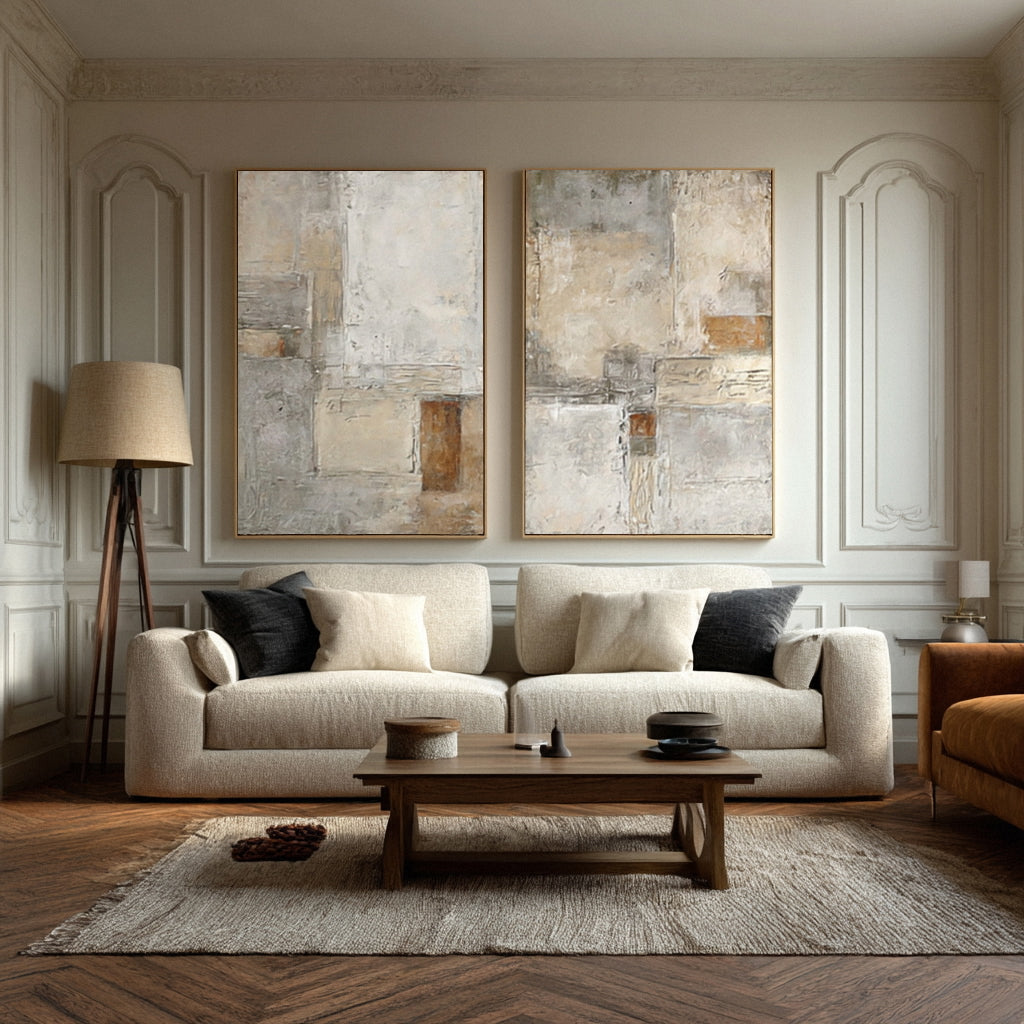Oversized Beige & Gray Textured Canvas Panels Set Of 2 #AG 015