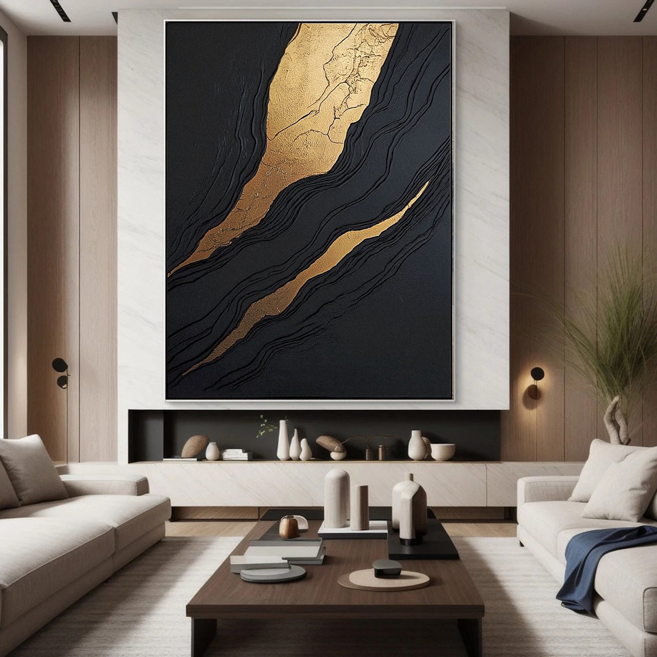 Golden Sway Chic Black and Gold Large Textured Wall Art #MMA 129