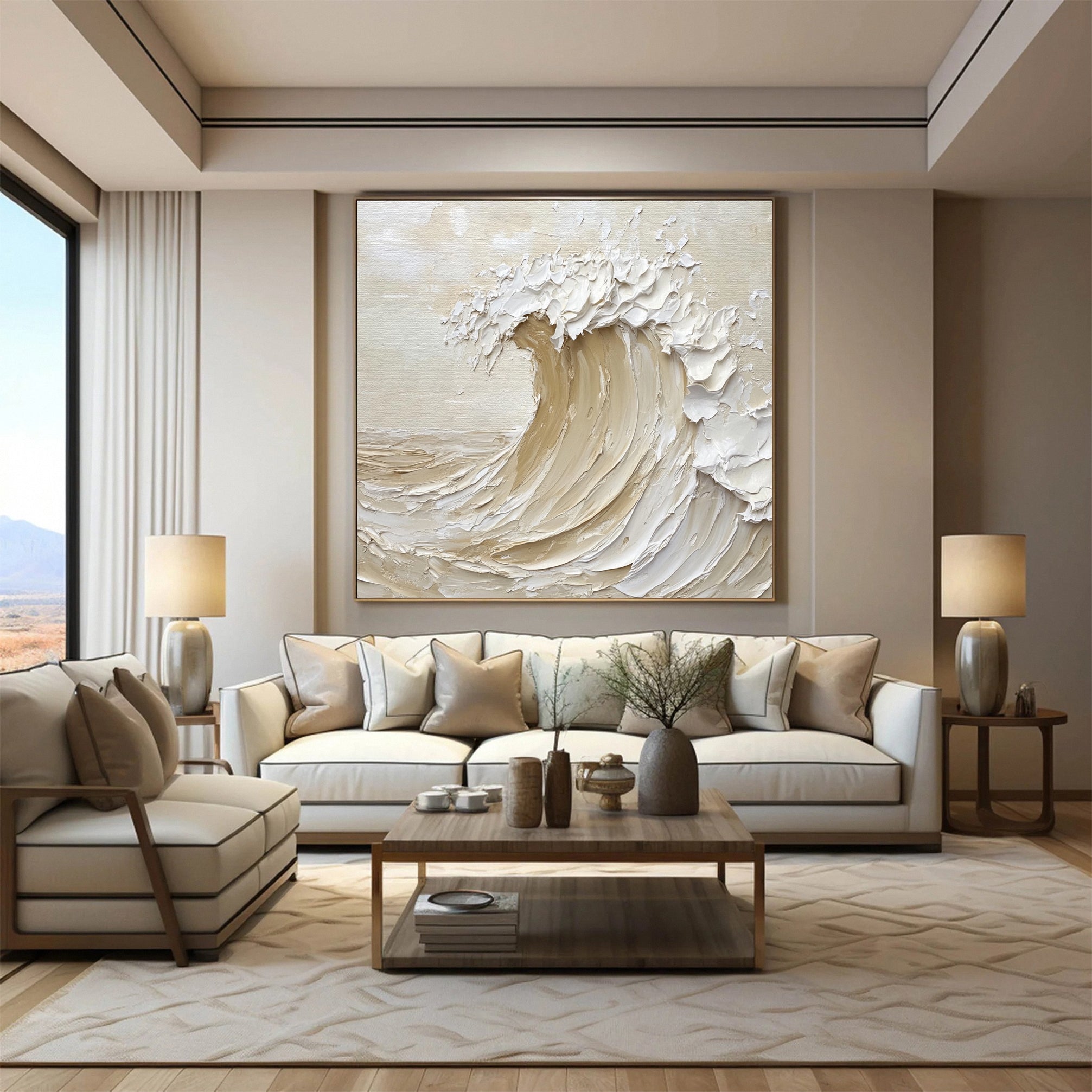 Neutral Toned Wave Large Ocean Textured Wall Art #OS 046